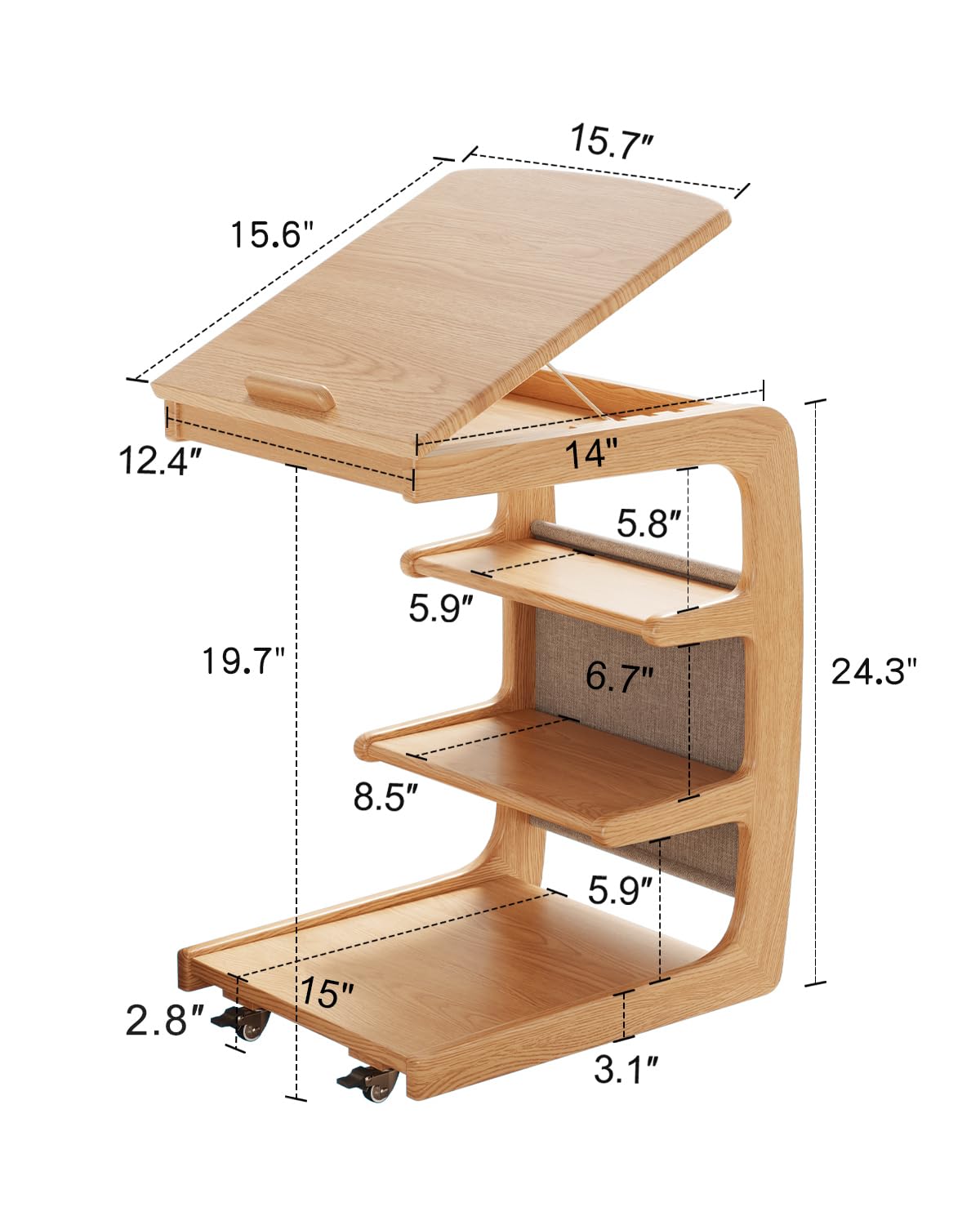 Wooden C-Shaped End Table with Lockable Wheels - 4-Tier Rolling Side Table with Storage Bag - Small Couch Desk for Living Room, Bedroom, Office - Perfect for Snacks, Laptops, Books & TV Trays (Natural)
