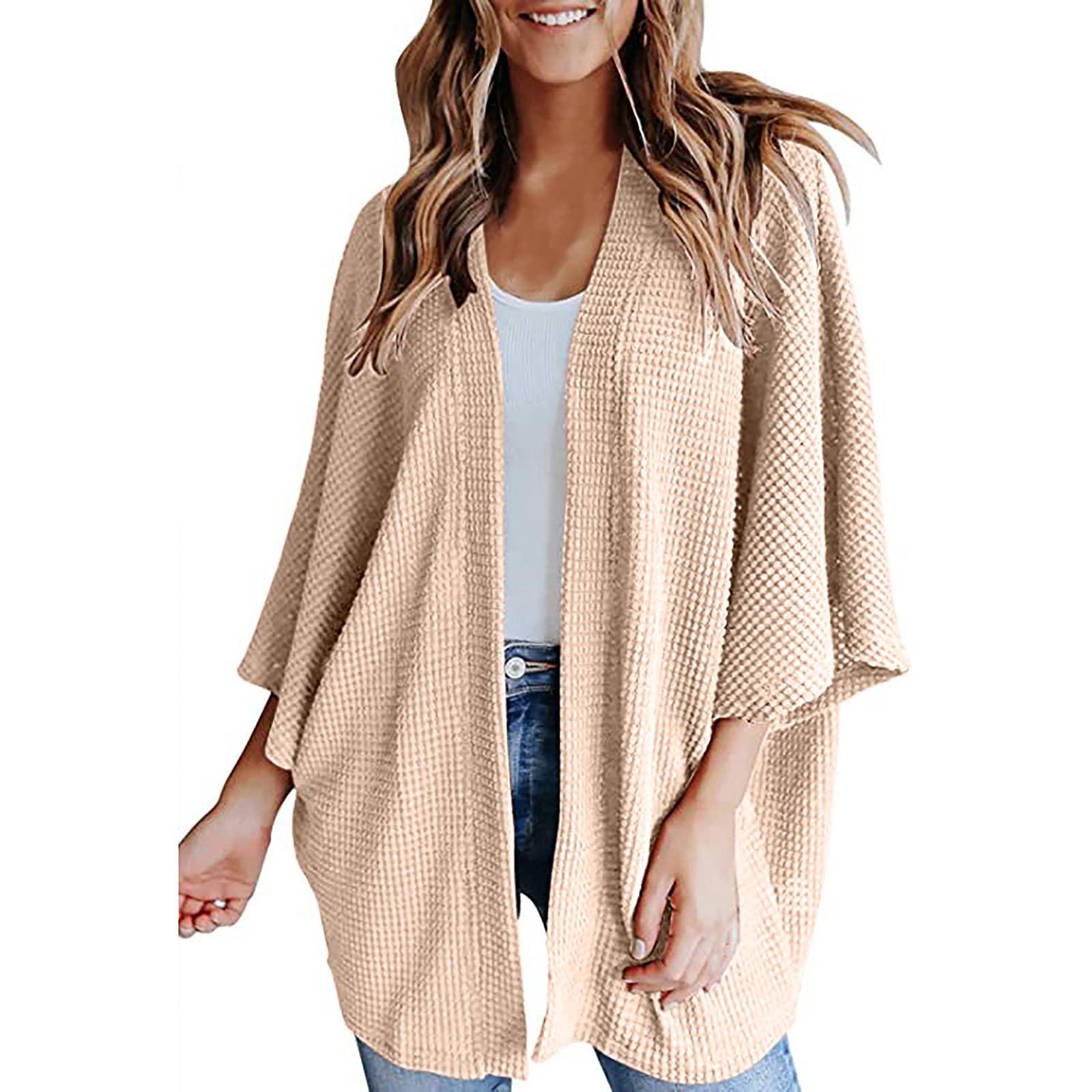 Women's Lightweight Waffle Knit Cardigan - Loose Casual Batwing Sleeve Open Front Sweater | Cozy Fall Outerwear for Work, Travel & Coffee Dates