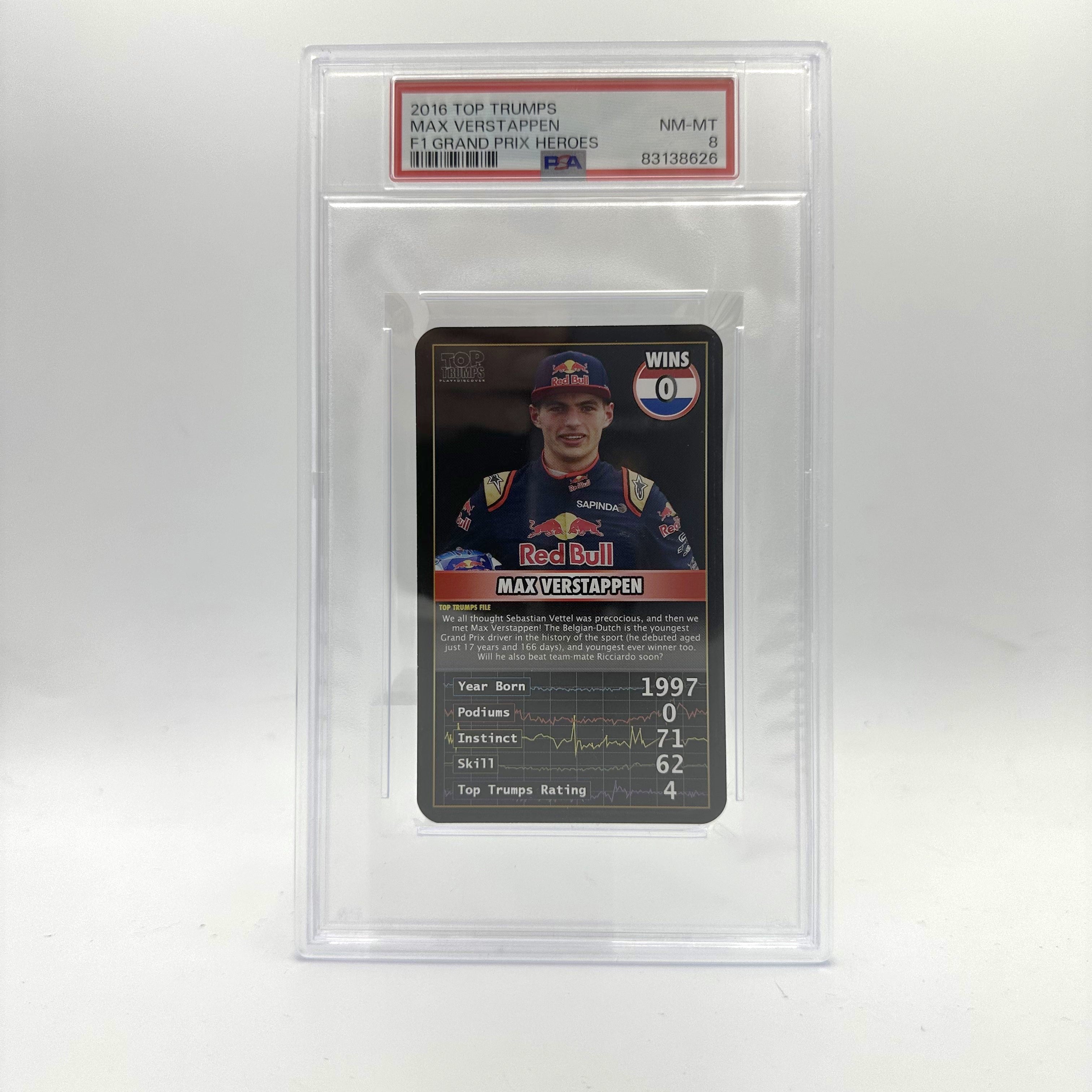 PSA 8 Graded MAX VERSTAPPEN 0 WINS TOP TRUMPS 2016 GRAND PRIX HEROES Trading Card - Perfect for F1 Collectors, Racing Fans & Card Game Enthusiasts