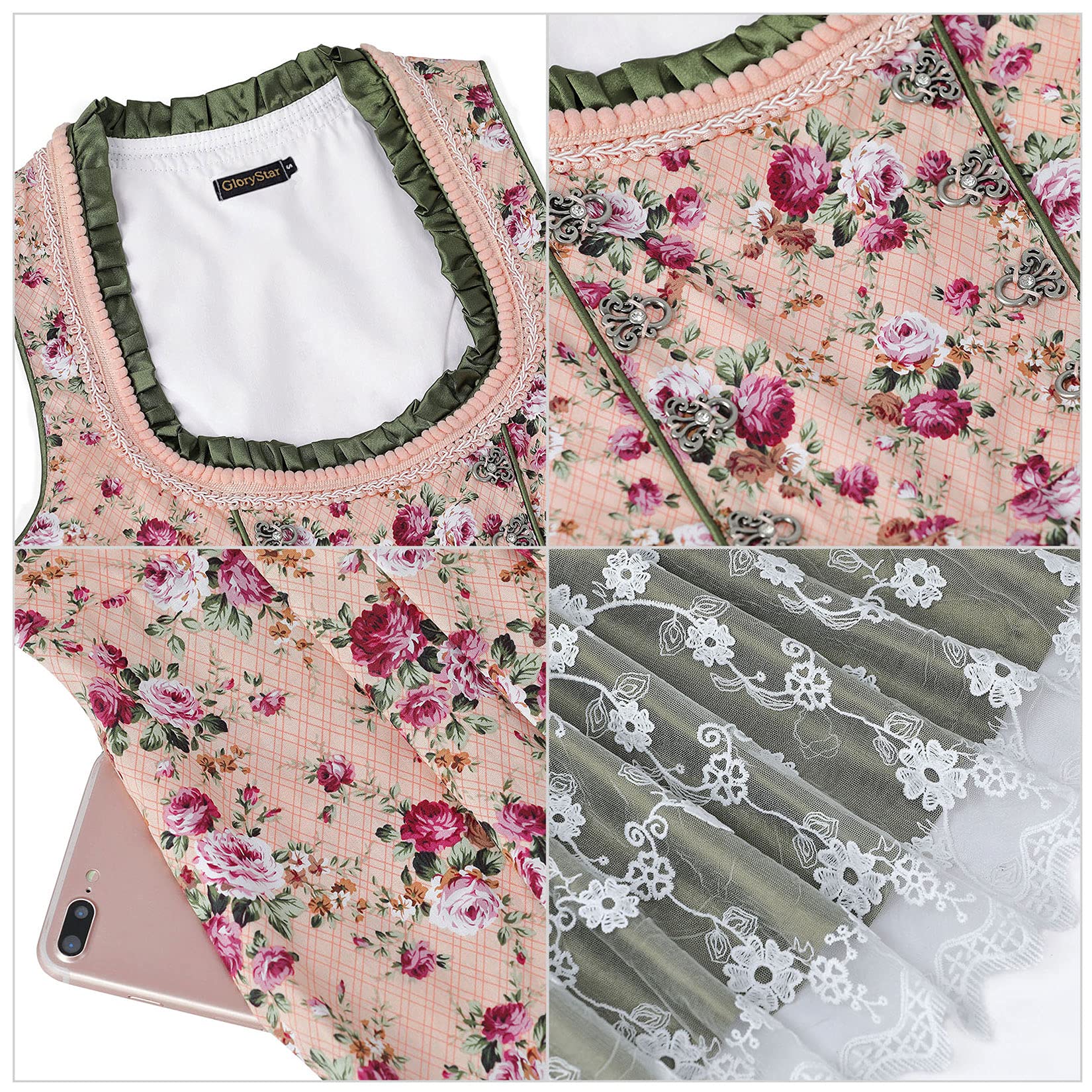 GloryStar Women's German Dirndl Dress - Traditional Bavarian Oktoberfest Costume 2-Piece Set in Green & Pink | Beer Garden Party, Cultural Festival, Halloween Costume