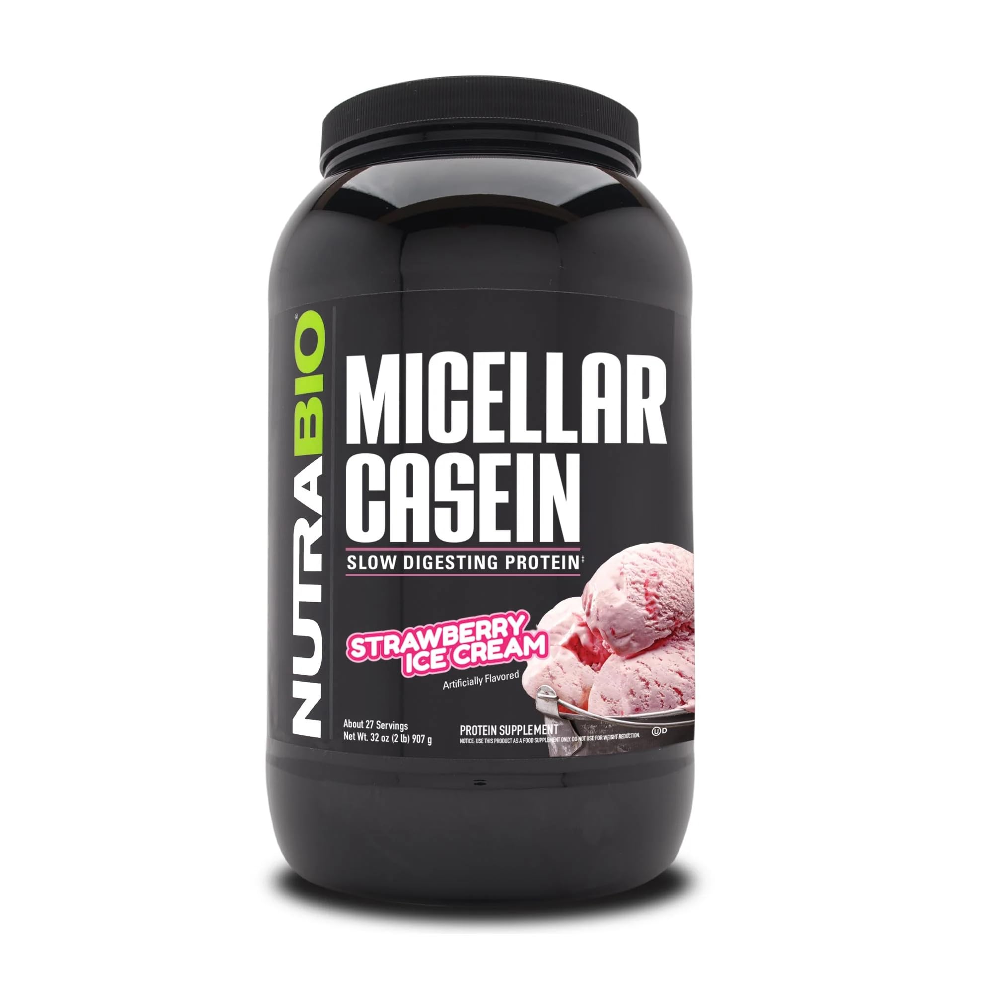 NutraBio Micellar Casein Protein Powder - Strawberry Ice Cream Flavor - Slow Digesting Protein for Muscle Growth & Recovery - Essential Amino Acids - Non-GMO, Gluten & Soy Free - 2 lbs - Perfect for Nighttime Use & Post-Workout Recovery