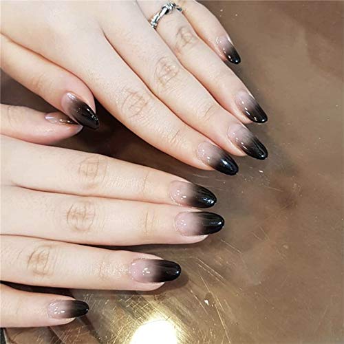 24Pcs Ombre False Nails - Short Round Gradient Glossy Press on Nails with Glue & Stickers - Full Cover Fake Nails for Women & Girls (Black) - Perfect for Parties, Weddings, and Daily Wear