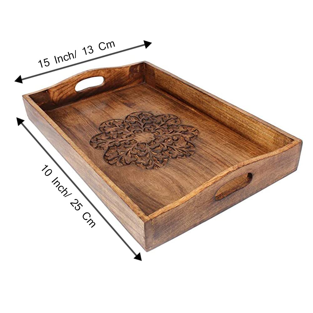 Ajuny Hand Carved Wooden Serving Tray - Floral Design Decorative Platter for Snacks, Fruits, Tea | Perfect for Kitchen, Dining Table, Coffee Bar & Housewarming Gifts