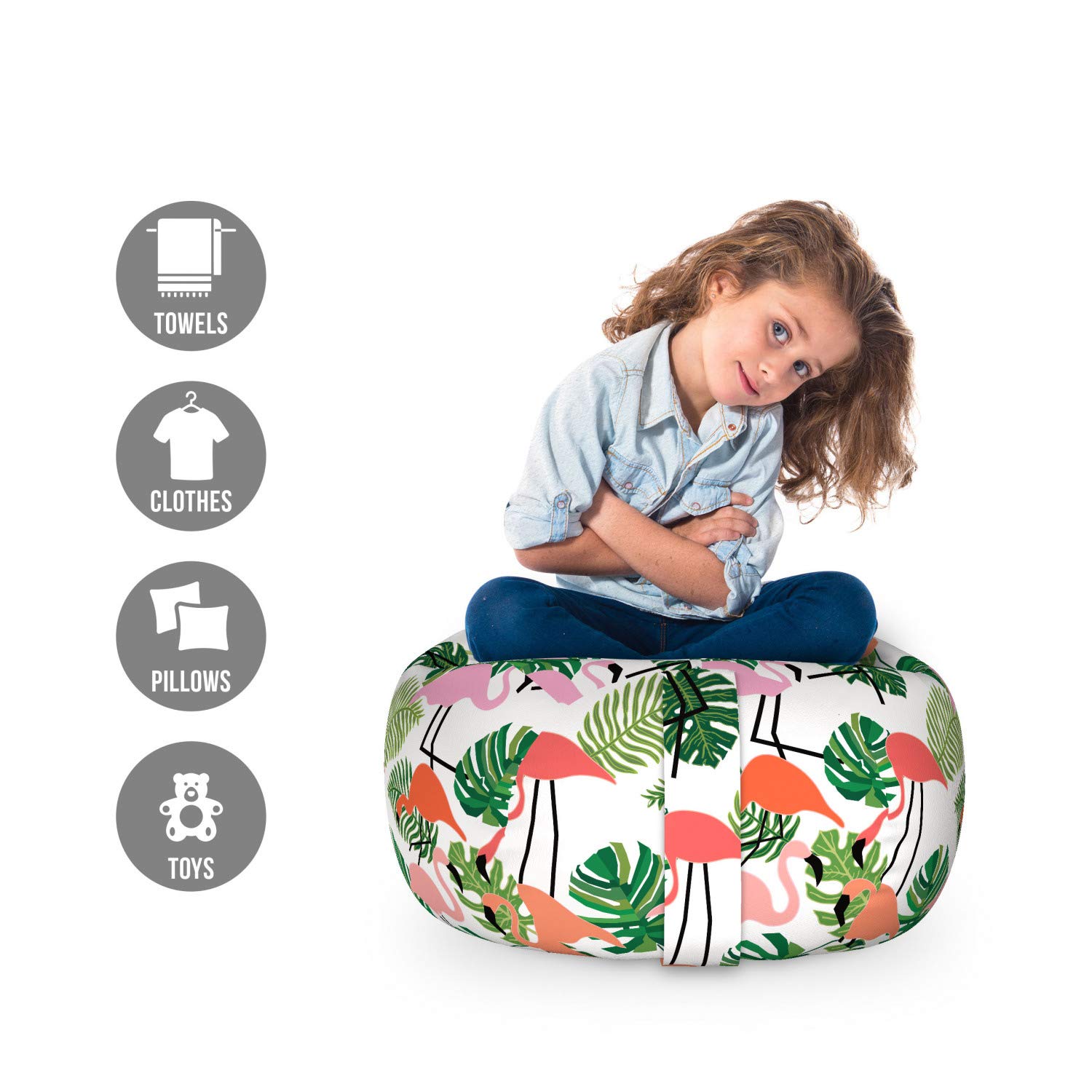 Ambesonne Tropical Storage Toy Bag Chair - Flamingo & Monstera Leaves Hawaiian Jungle Design, Washable Stuffed Animal Organizer, Small Size Salmon Pink | Perfect for Kids' Room, Nursery, Playroom & Beach Toy Storage