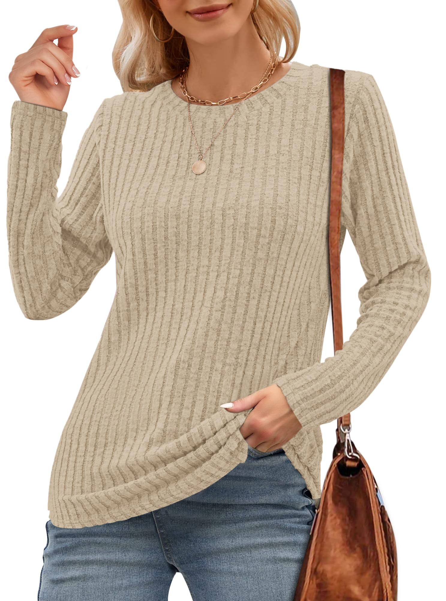 WNEEDU Women's Long Sleeve Round Neck Casual Tunic Top - Lightweight Blouse for Everyday Wear, Office & Fall Outfits