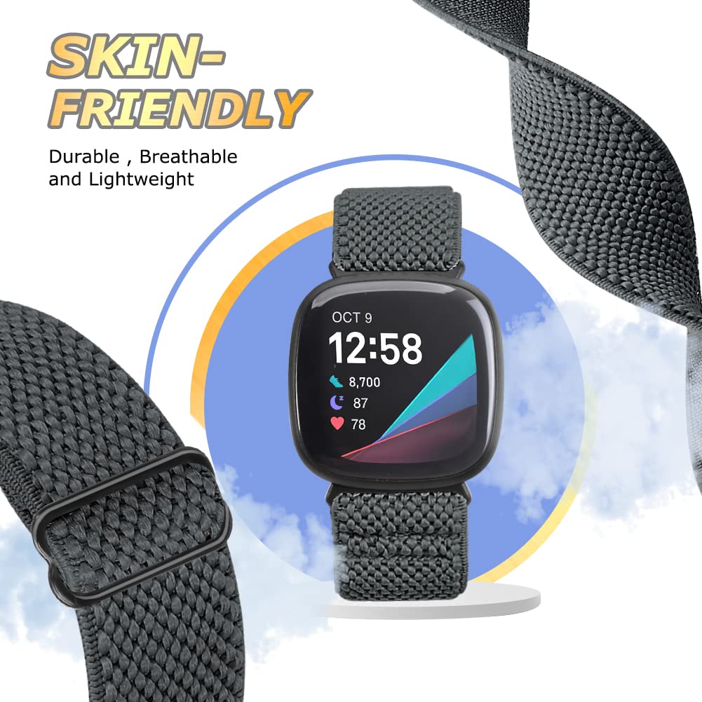 Tiptops 10 Pack Elastic Replacement Bands for Fitbit Sense/Versa 3/Versa 4/Sense 2 - Adjustable Stretchy Nylon Solo Loop Sport Strap for Women & Men - Perfect for Workouts, Running & Daily Wear