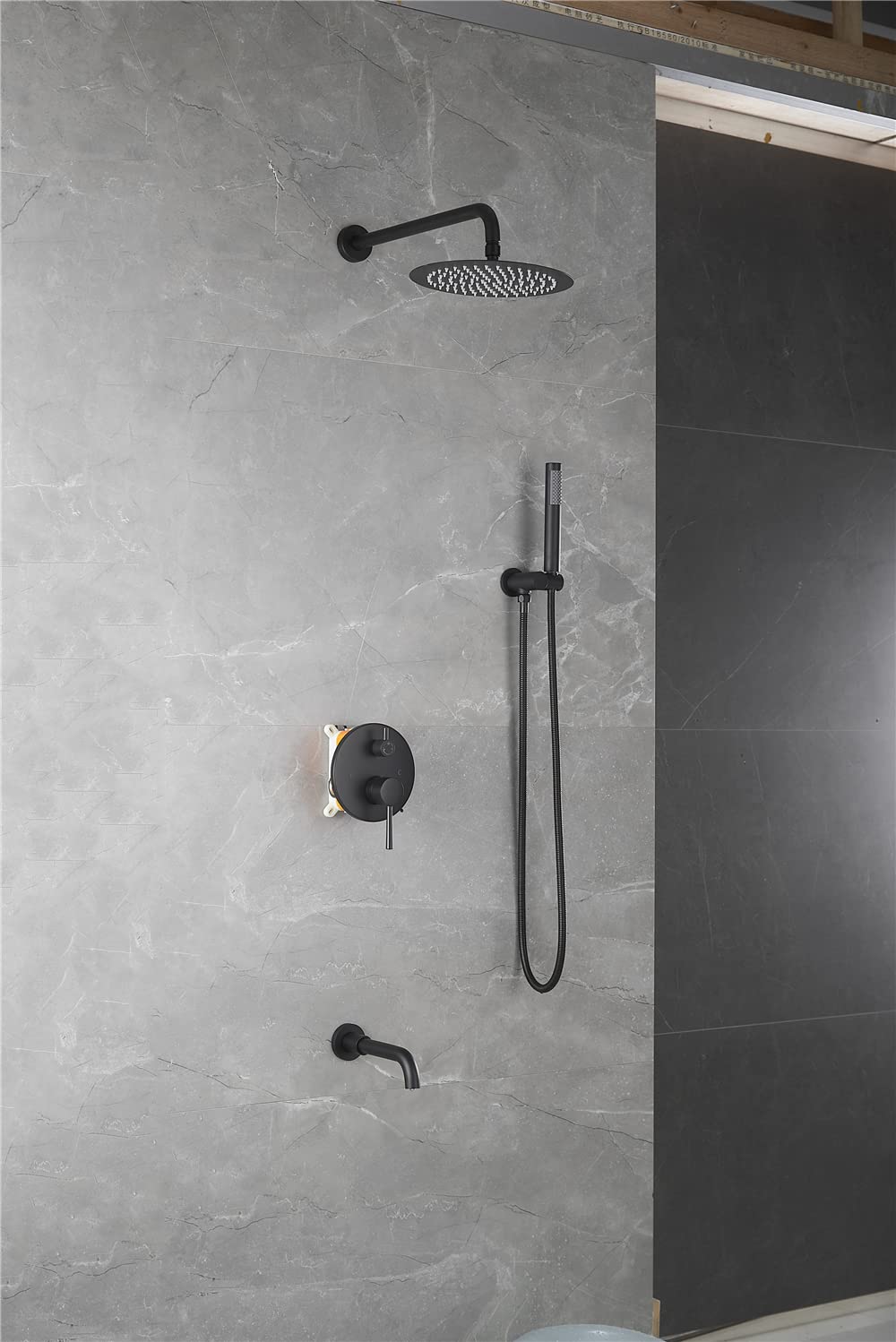 Premium Rainfall Shower Head and Handheld Spray Combo - Matte Black Bathroom Shower System with Mixer Valve & Tub Spout - Complete Shower Faucet Set for Luxurious Spa-like Experience at Home