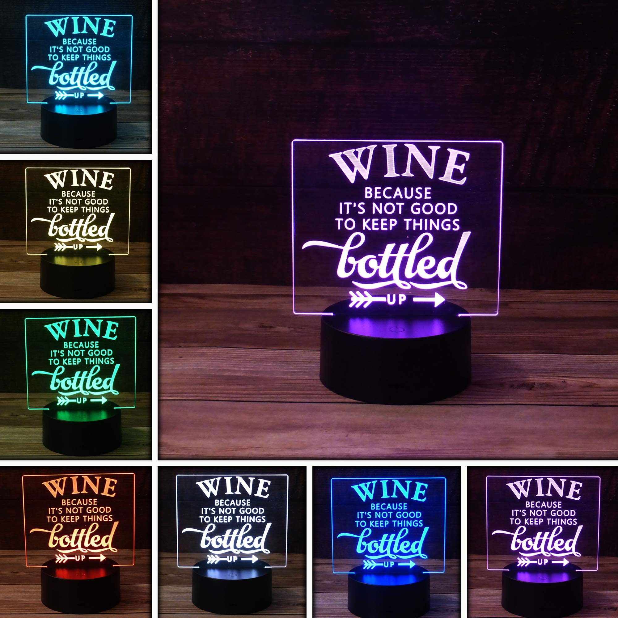 3D Optical Illusion LED Night Light Lamp - 7 Color Changing USB/Battery Powered Touch Control Desk Lamp with Rotating & Solid Modes - Perfect Gift for Wine Lovers, Home Office Decor & Romantic Bedroom Ambiance Lighting
