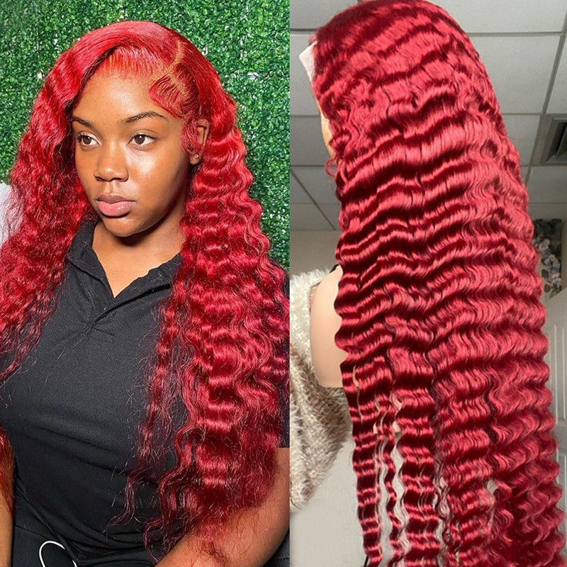 Eullair Nicki Minaj Inspired Red Straight/Body/Deep Wave Human Hair Lace Frontal Wig for Women with Pre-Plucked Hairline - Perfect for Cosplay, Parties & Daily Wear