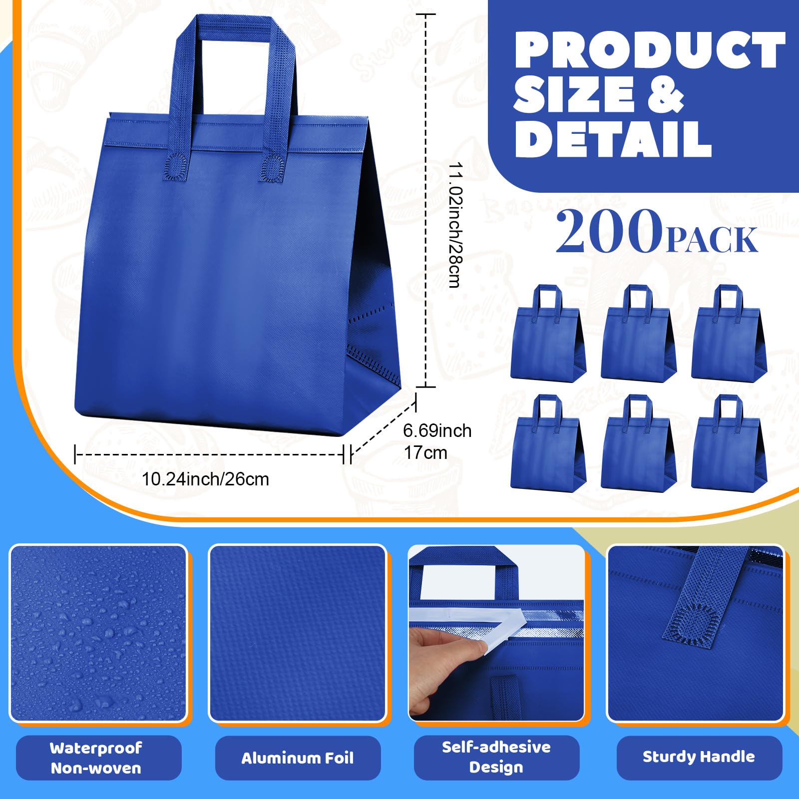 200 Pcs Insulated Take Out Bags Bulk - Thermal Insulation Disposable Cooler Bags 10.24x11.02x6.69 Inch for Food Delivery, Grocery, Lunch, Hot & Cold Food Storage - Perfect for Restaurants, Catering & Meal Prep (Blue)