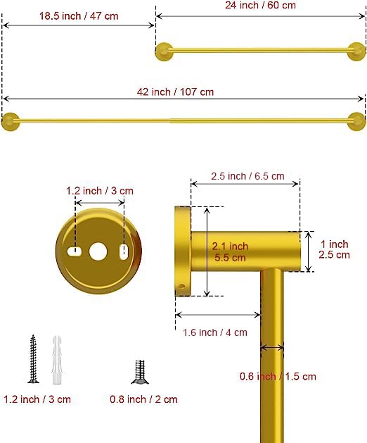 ZUEXT Adjustable Single Bath Towel Bar 23.6-42 Inch - Brushed Gold Stainless Steel Expandable Towel Holder - Wall Mounted Towel Rail for Bathroom, Kitchen & Washroom - 1