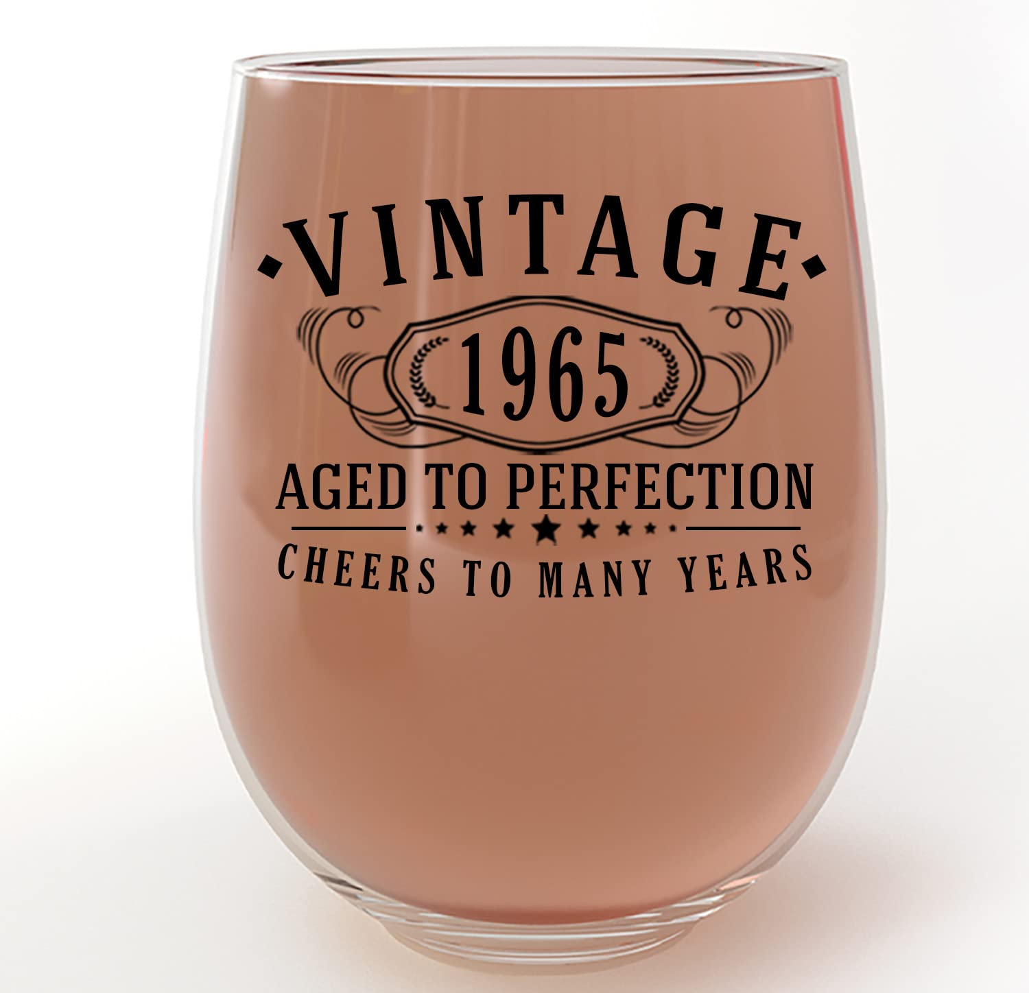 Vintage 1965 Print 17oz Stemless Wine Glass - 60th Birthday Gift for Women - Cheers to 60 Years - Wine Lover Gift for Mom, Sister & Friends - Perfect for Birthday Parties, Anniversaries & Wine Tasting Events