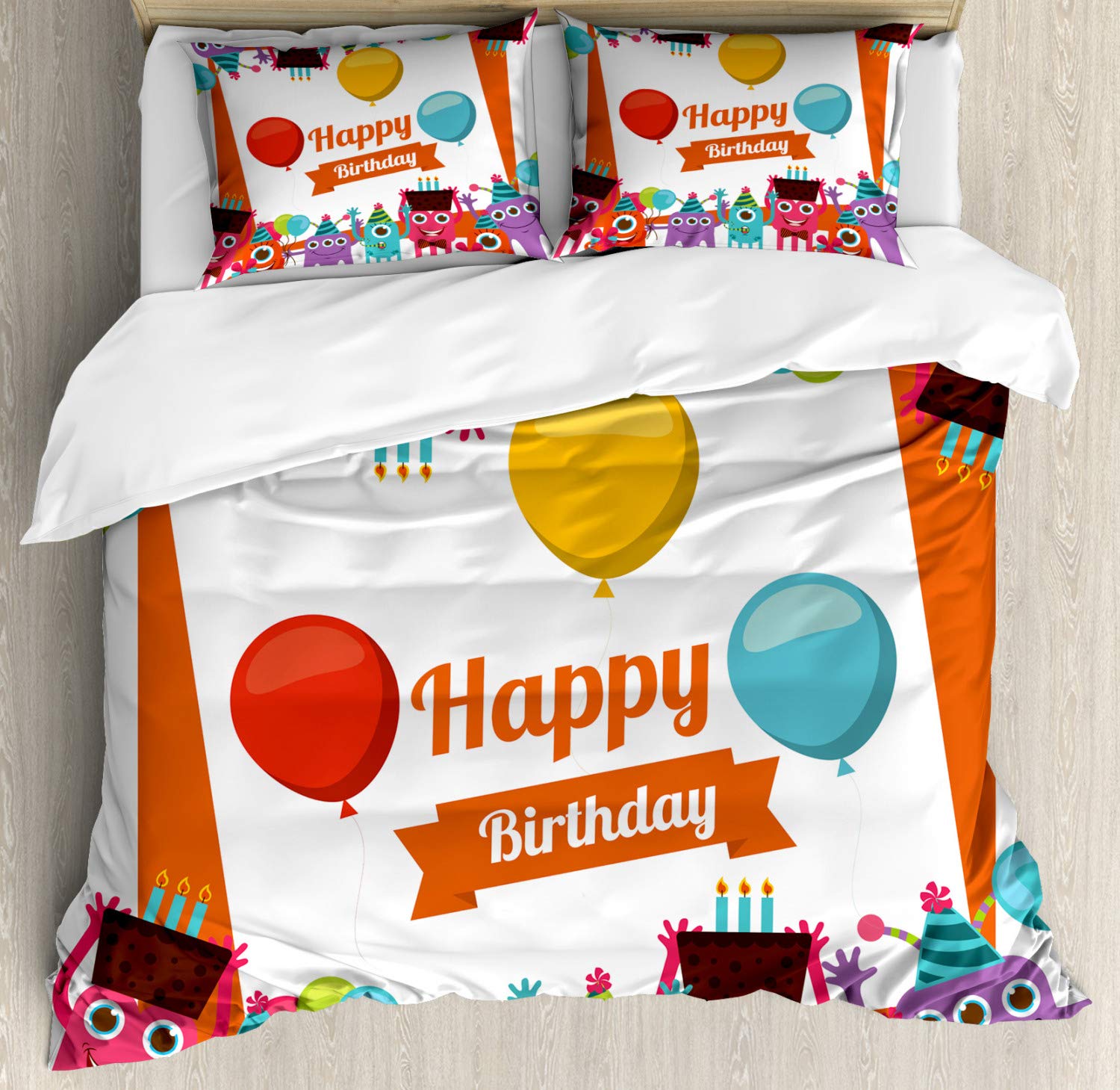 Ambesonne Funny Happy Monsters Duvet Cover Set - 3 Piece California King Bedding with 2 Pillow Shams, Colorful Birthday Party Design Featuring Monsters Holding Chocolate Cakes & Horns | Perfect for Kids' Rooms, Birthday Decorations & Themed Bedroom Makeovers