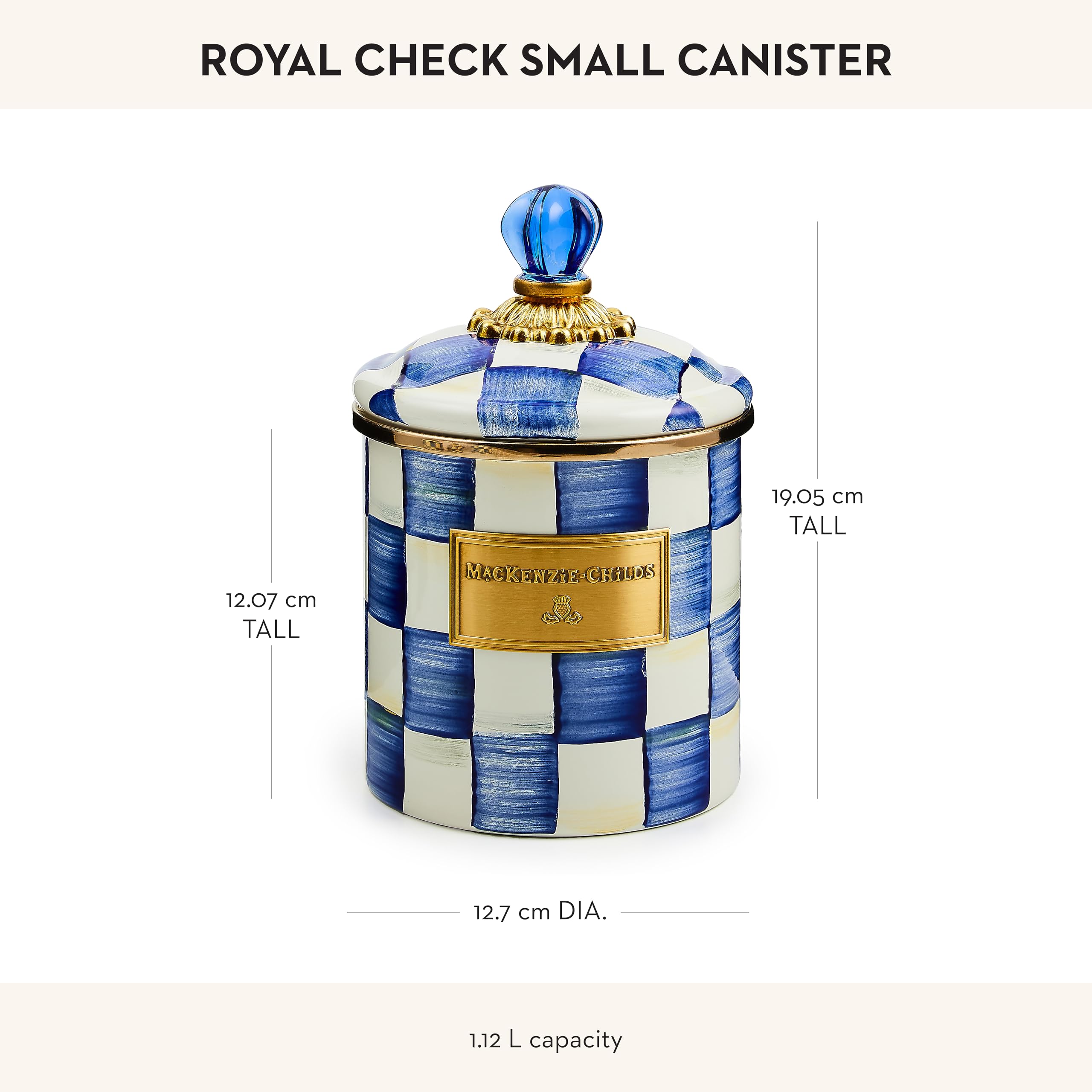 Mackenzie-Childs Small Enamel Canister - 1.13L Kitchen Storage Container for Flour, Sugar, Coffee & Dry Goods - Blue & White Royal Check Design - Perfect for Pantry Organization & Country Style Kitchen Decor