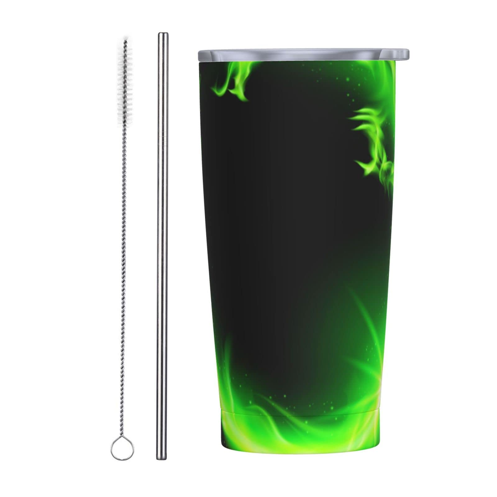 SWEET TANG 20oz Vacuum Insulated Stainless Steel Coffee Tumbler - Green Fire Flame Dragon Design, Leak Proof Lid with Straw, Double Wall Thermal Mug for Hot & Cold Drinks - Perfect for Office, Travel, Camping, Parties and Gifts for Men & Women