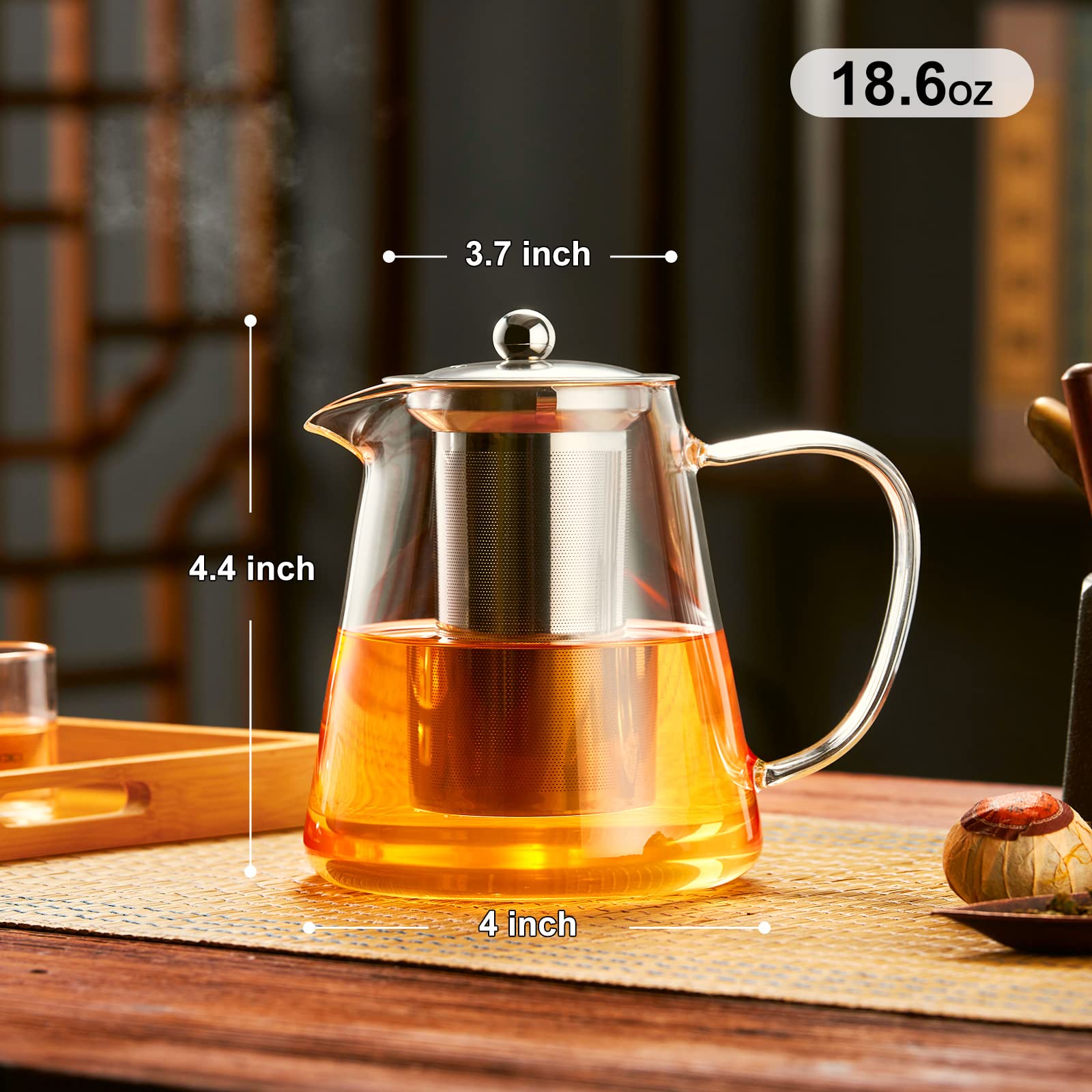 PARACITY 18.6 OZ Borosilicate Glass Teapot with Removable Stainless Steel Infuser - Clear Stovetop Tea Kettle for Blooming & Loose Leaf Tea - Perfect for Home, Office, Camping & Travel (550ML)