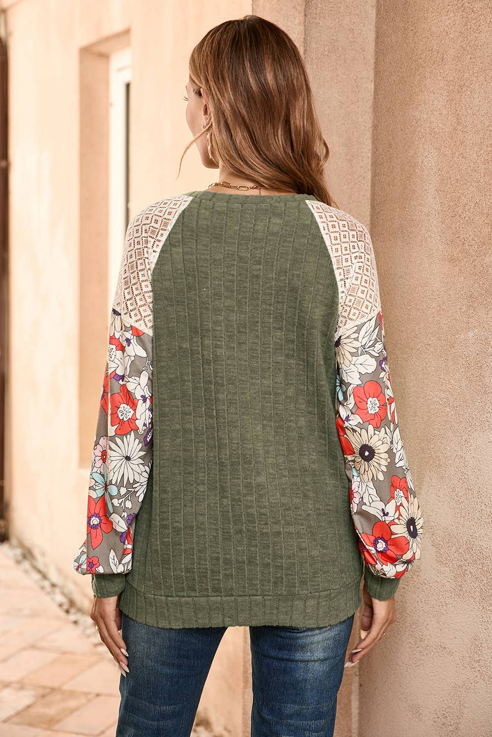 Ldc Floral Patchwork Long Sleeve Ribbed Blouse for Women - Laurel Green Plus Size 1X | Boho Chic Tunic Top for Casual Wear, Office Outfits & Date Nights