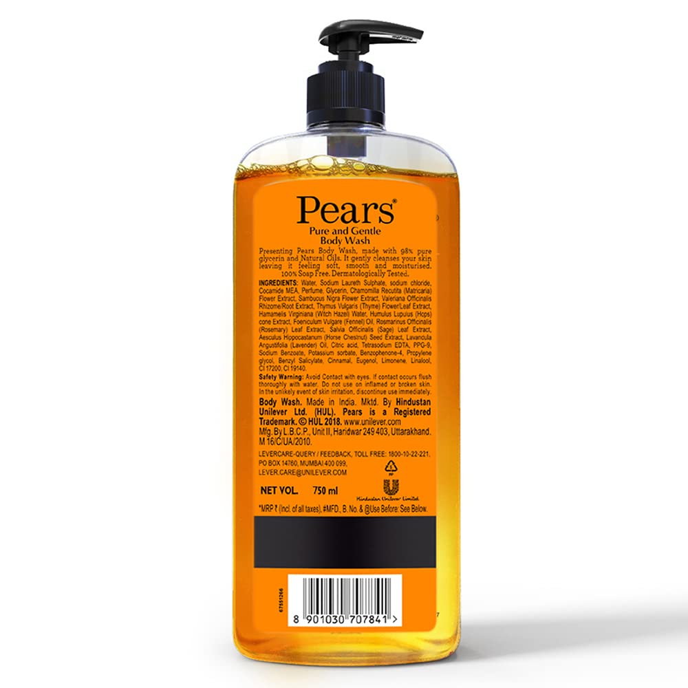 Pears Pure & Gentle Shower Gel with 98% Glycerin - Soap Free, Paraben Free - 750ml XL Pump Bottle | Moisturizing Body Wash for Dry & Sensitive Skin - Perfect for Daily Shower & Bath Routine