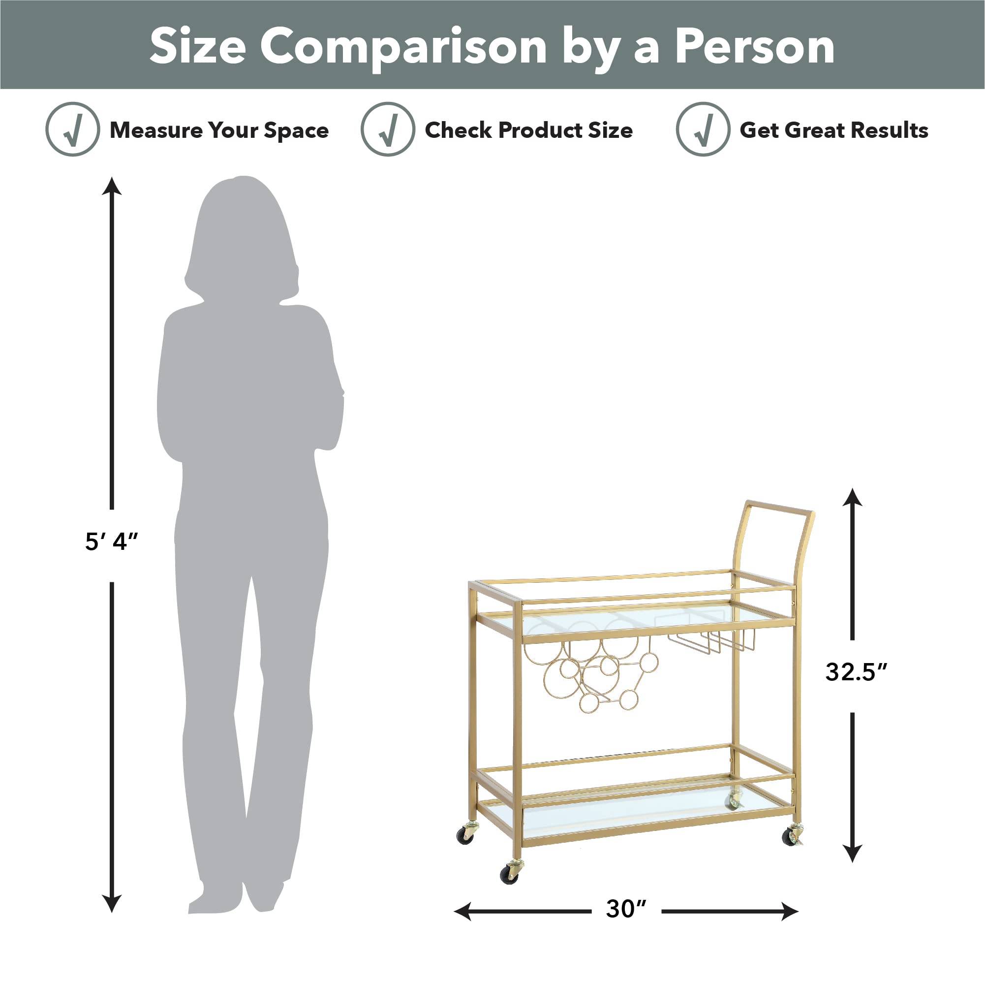 FirsTime & Co. Gold Francesca 2-Tier Rolling Bar Cart - Modern Metal & Glass Kitchen Serving Cart with Storage for Wine Glasses - Perfect for Home Bar, Coffee Station, and Entertaining Guests