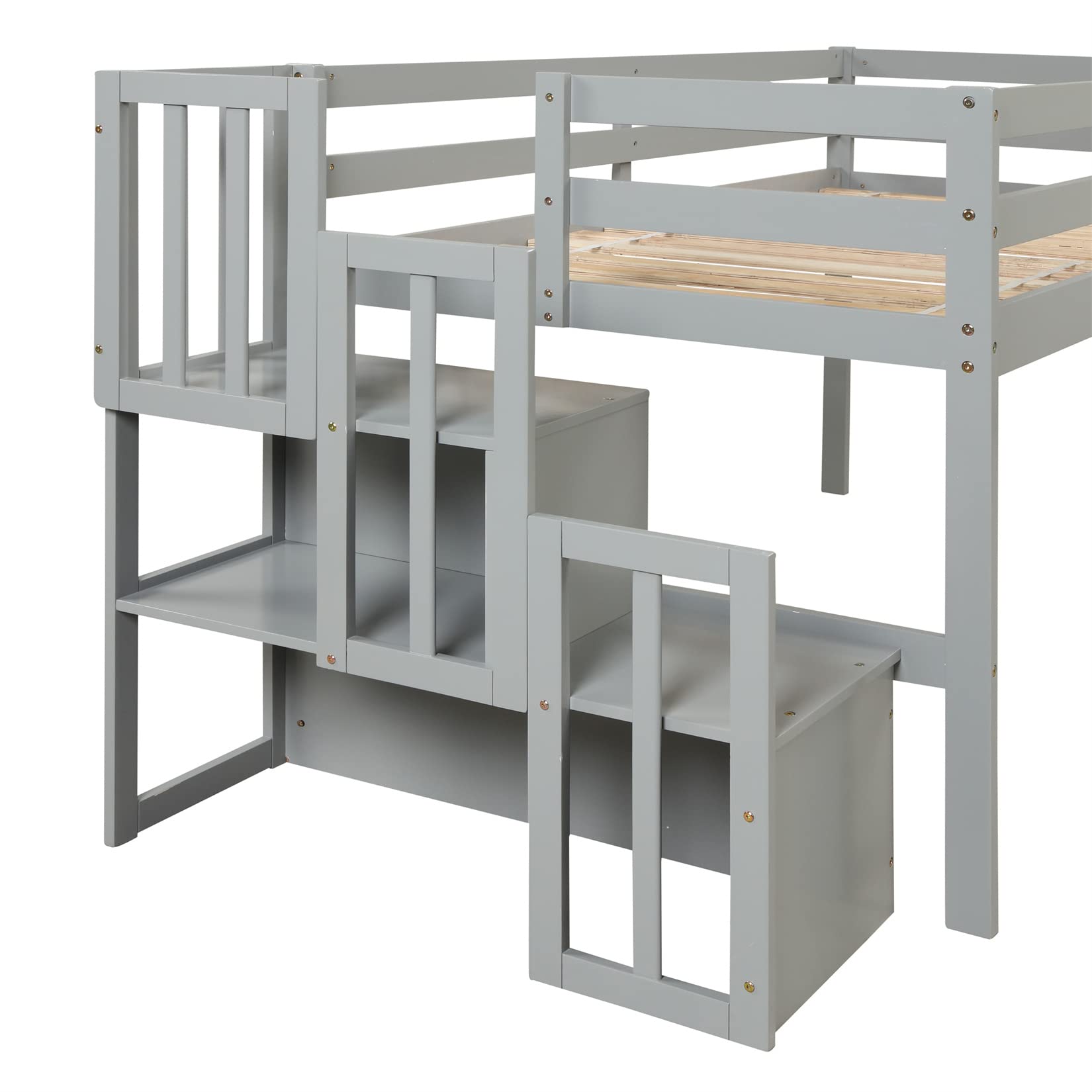 Bellemave Low Loft Twin Bed with Stairs & Storage - Sturdy Wooden Bed Frame for Kids, Teens, Boys & Girls - Space-Saving Gray Bedroom Furniture for Small Rooms, Dorms & Apartments