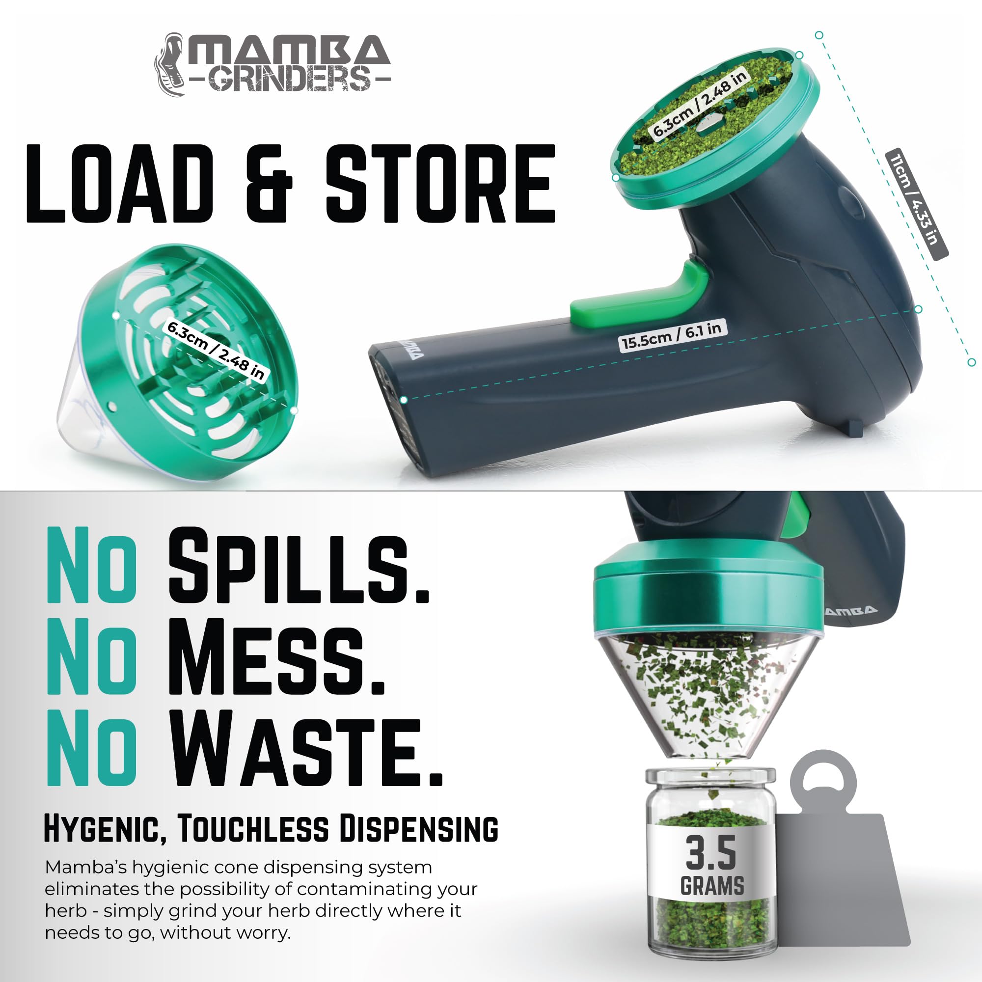 Premium Mamba Monster 3.5g Green USB Rechargeable Electric Herb Grinder - Large Capacity Portable Metal Spice Mill for Kitchen, Cooking & Baking - Perfect for Grinding Herbs, Spices, Coffee Beans & More
