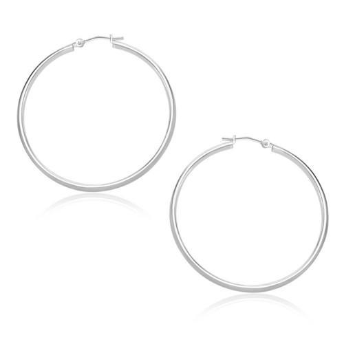 14K White Gold Polished Hoop Earrings for Women - 30mm Round Diamond-Cut Design | Perfect for Everyday Wear, Parties & Special Occasions