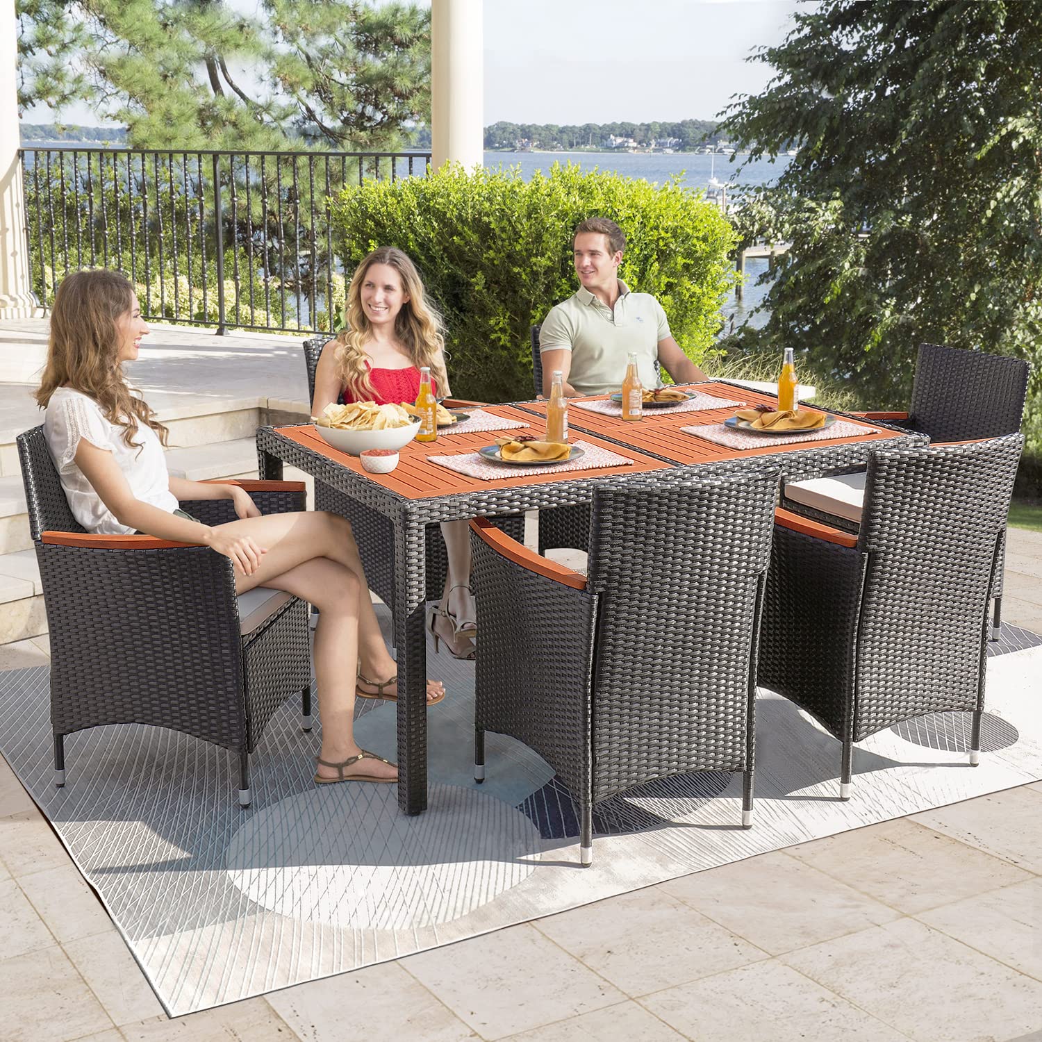 Premium 7-Piece Acacia Wood Patio Dining Set with Soft Cushions - Outdoor Wicker Furniture for Deck, Backyard, Garden - Perfect for Al Fresco Dining, BBQs & Outdoor Entertaining