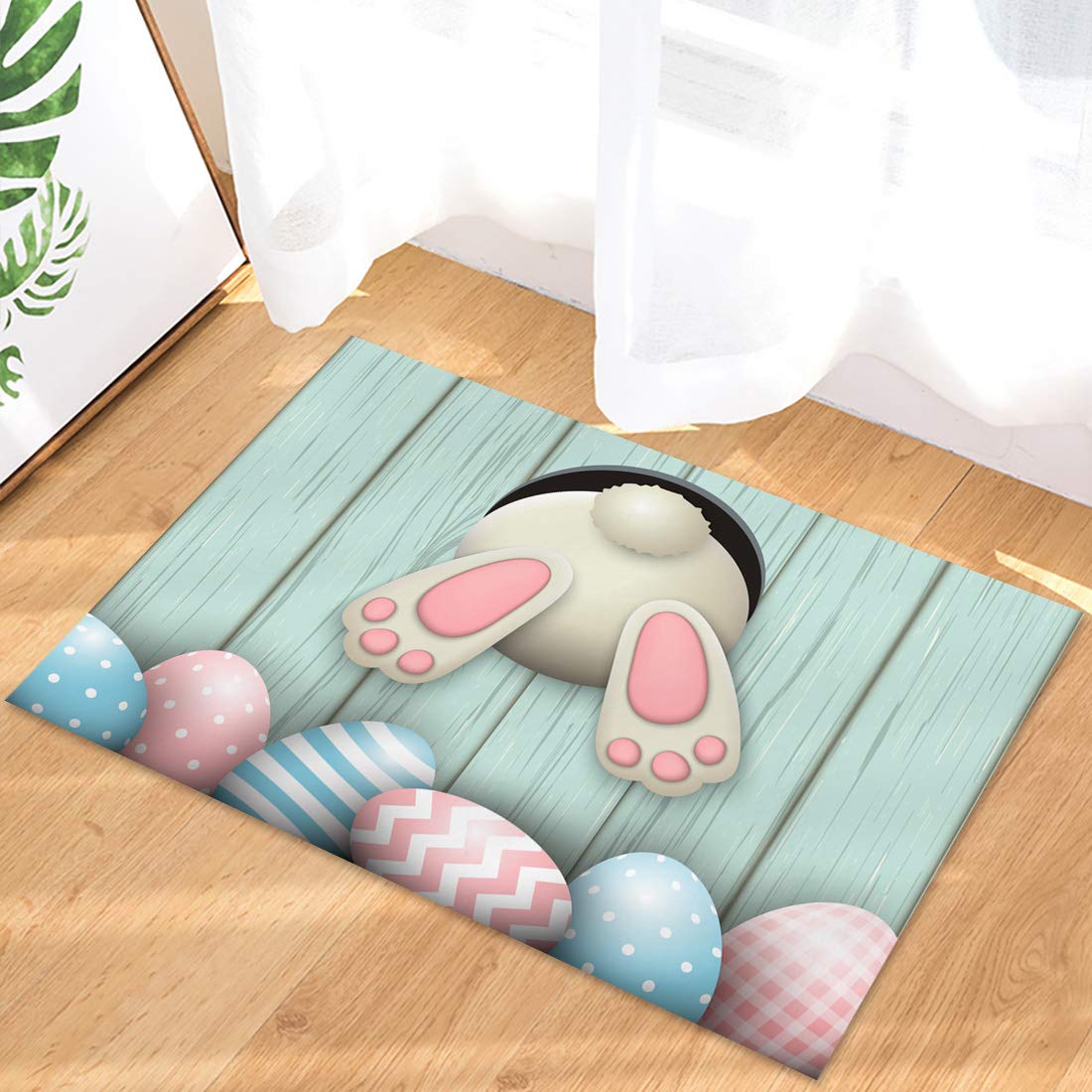 Easter Bunny Welcome Mat - Non-Slip Wooden Door Mat with Funny Rabbit & Egg Design, 16x24 Inch Low Profile Home Decor for Entrance, Bathroom, Kitchen | Indoor Floor Rug for Spring Decorations & Holiday Cheer