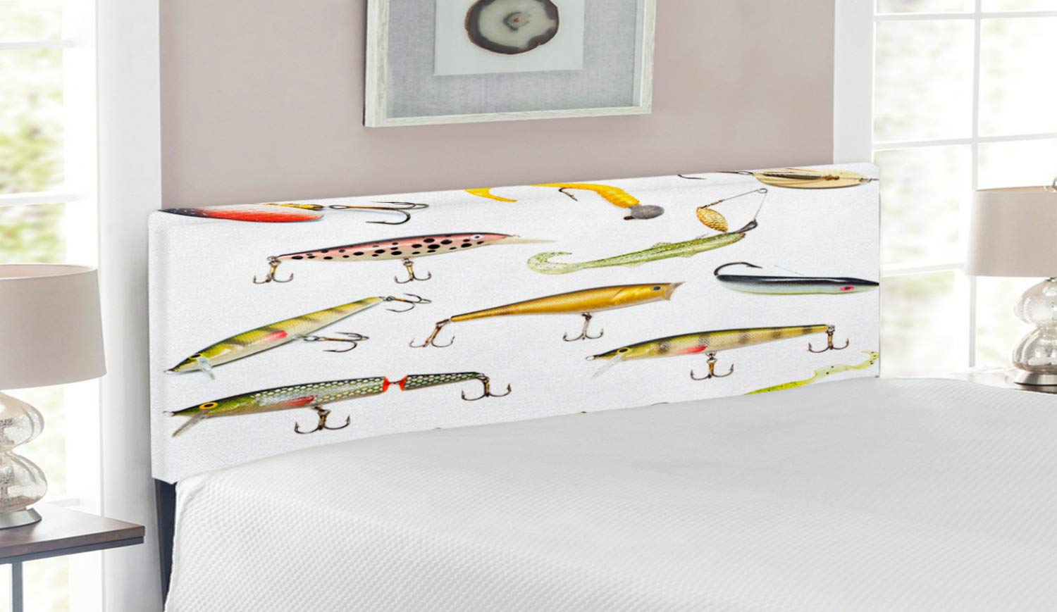 Ambesonne Fishing Tackle Design Upholstered Metal Headboard - Queen Size Bed Frame with Memory Foam, Decorative Fishing Bait & Aquatic Animals Theme in Multicolor | Perfect for Angler Bedrooms, Man Caves & Coastal Home Decor