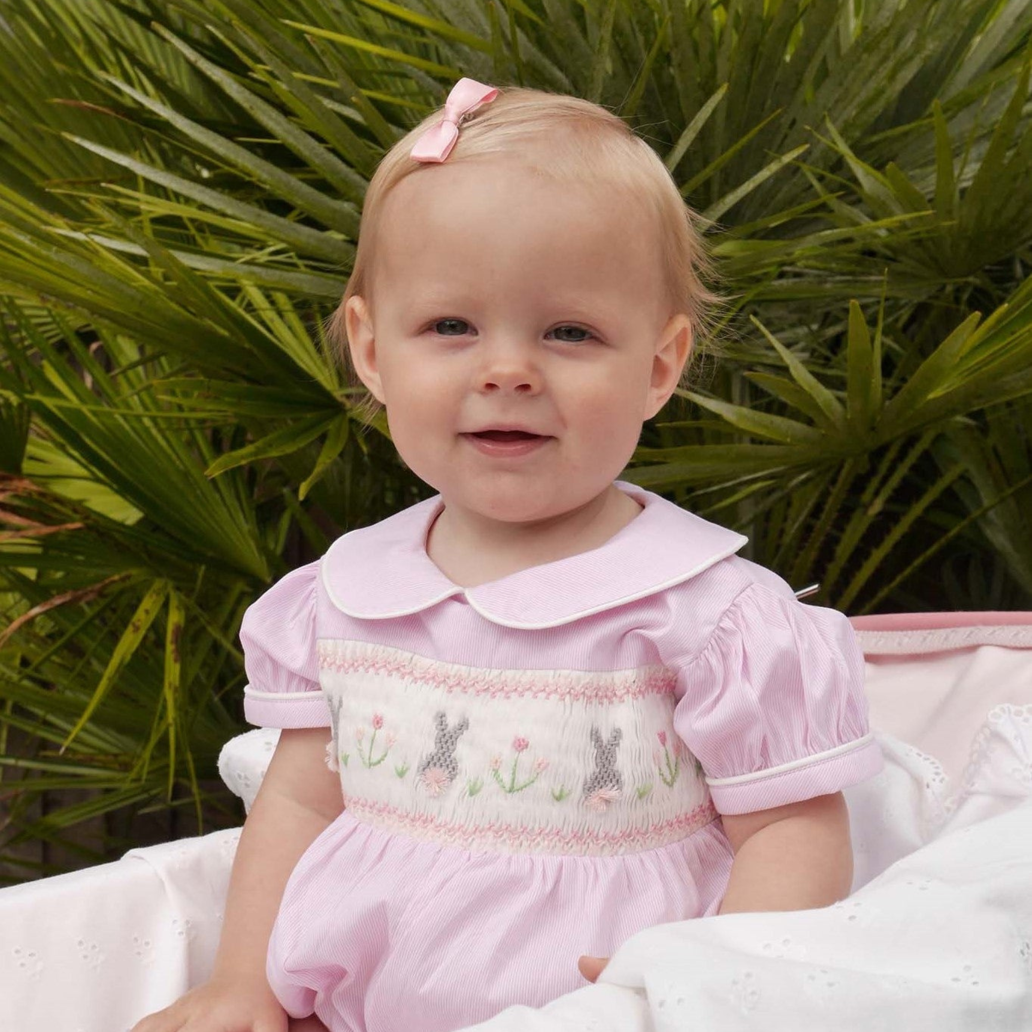 Adorable Bunny Smocked Baby Bodysuit - Soft Pink Infant Romper for Newborns & Toddlers | Perfect for Easter, Baby Showers & Photo Shoots