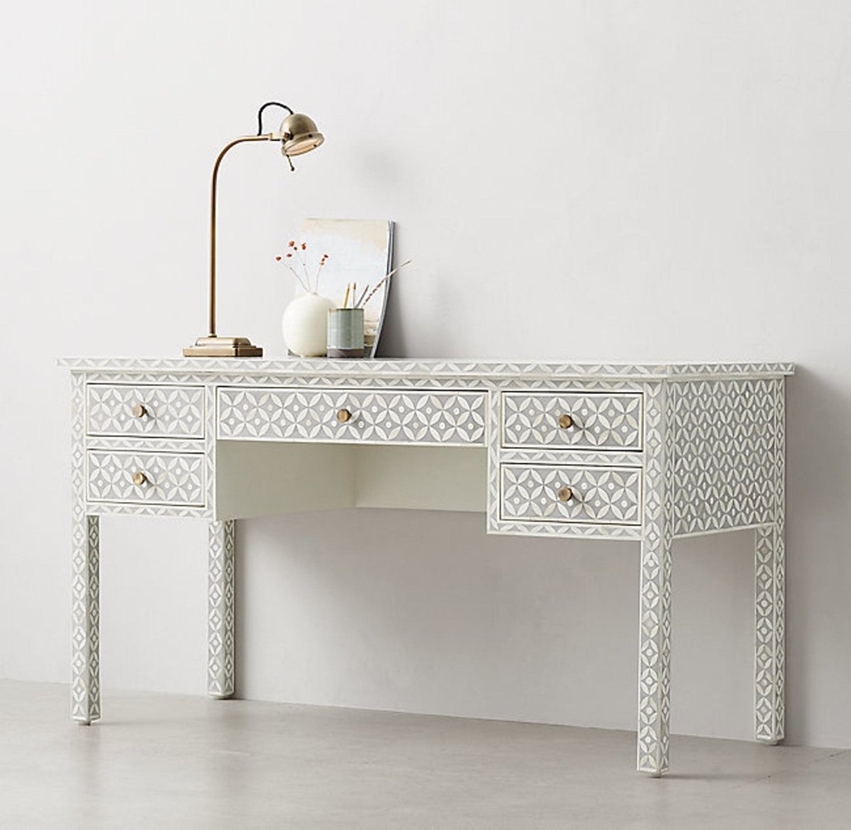 Handmade Grey Bone Inlay Geometric Design Work Desk - Modern Console Table for Home Office, Living Room & Entryway Decor