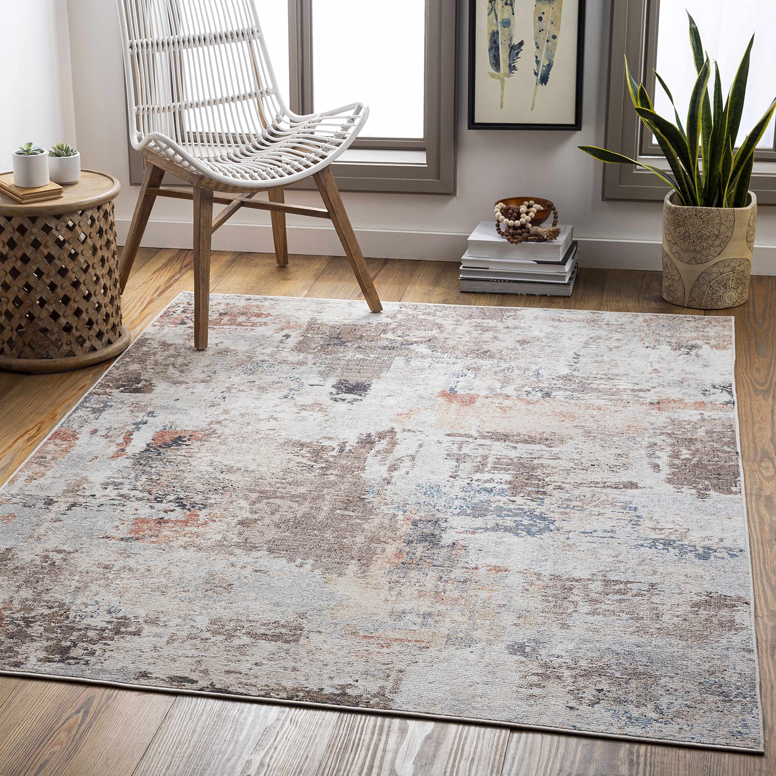 Hauteloom Winkleigh Modern Area Rug for Living Room, Bedroom, Patio - Dark Red, Peach, Light Brown - 5'3