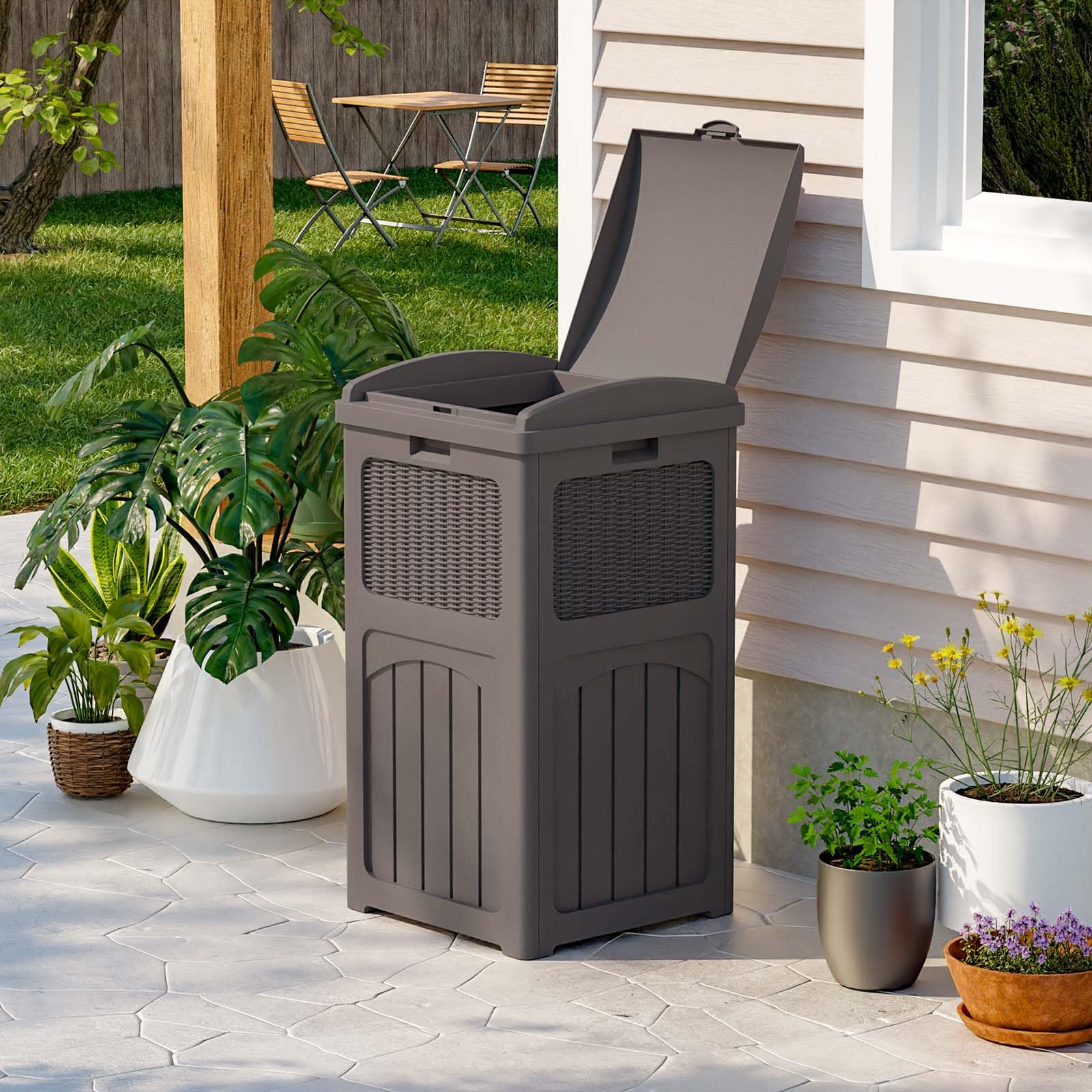**Patiowell 36 Gallon Outdoor Trash Can with Lid - Heavy Duty Resin Garbage Bin for Patio, Backyard, Deck - Weatherproof & Durable - Dark Brown - Perfect for Outdoor Waste Management**    (Note: 