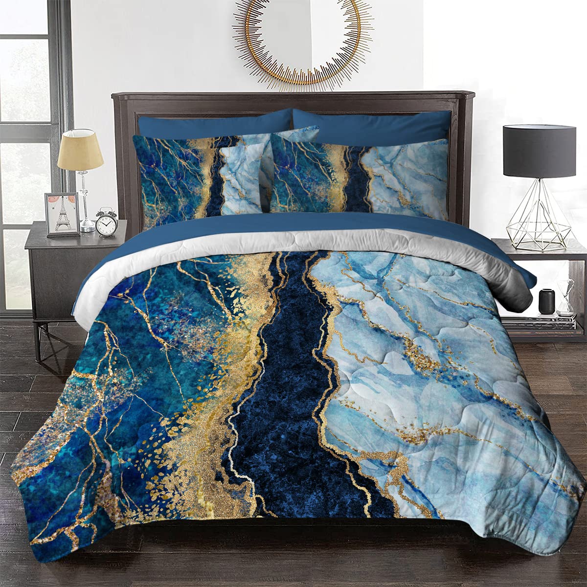 BlessLiving Luxury Queen Size Comforter Set - Navy Blue Gold Glitter 8-Piece Bedding Set with Ultra Soft Abstract Design, All-Season Durable Marble Print Bed in a Bag | Perfect for Modern Bedrooms, Guest Rooms & Dorm Decor