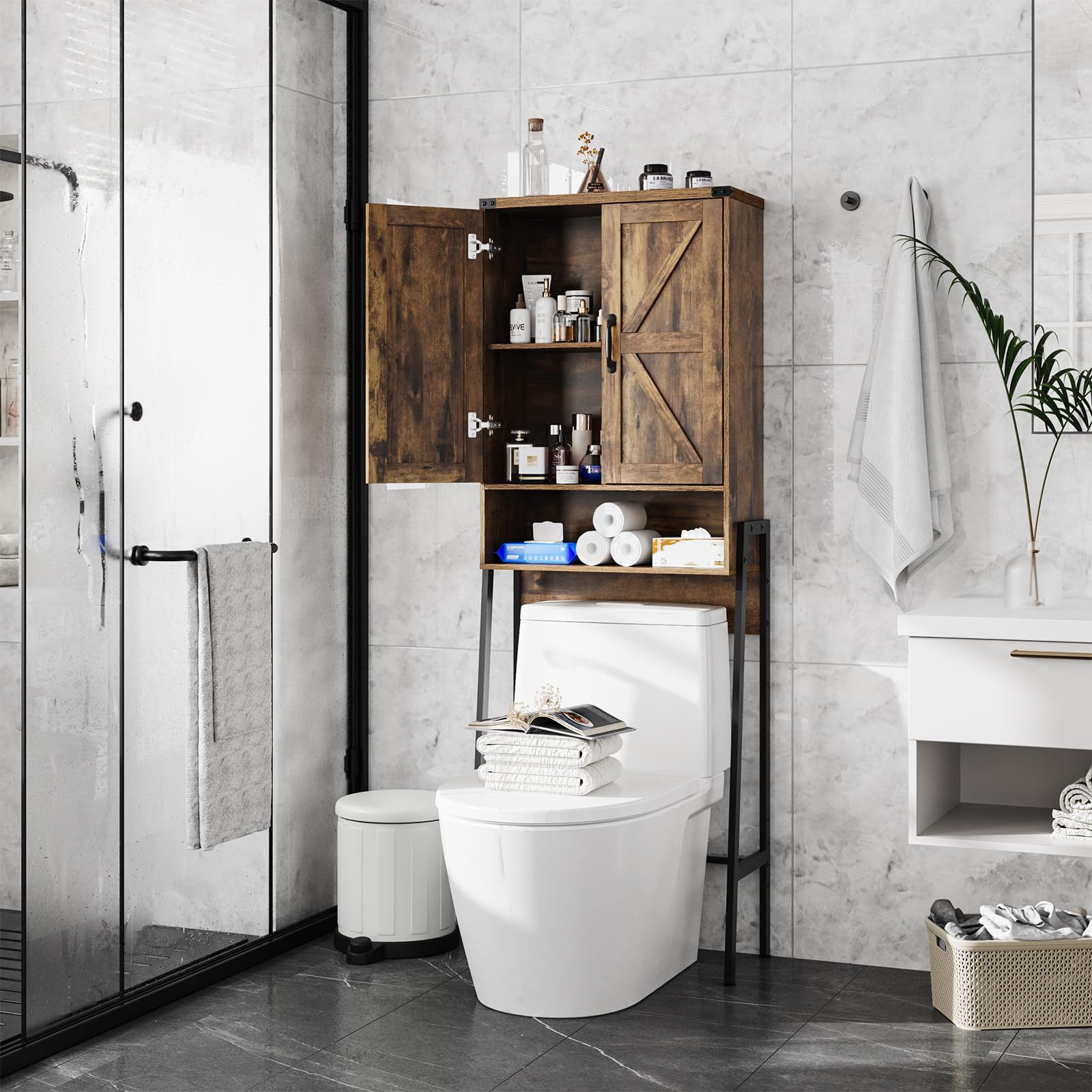 2-Door Over The Toilet Storage Cabinet with Shelves - Bathroom Organizer with Anti-Tip Device for Bathroom, Restroom & Laundry - Brown - Perfect for Small Space Organization and Extra Storage