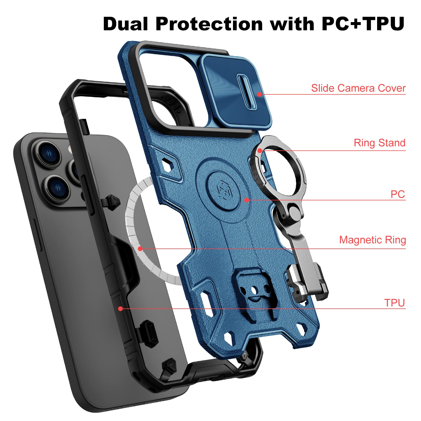 Nillkin Shockproof iPhone 14 Pro Max Case with Stand & Slide Camera Cover - Military Grade Protection, MagSafe Compatible for Wireless Charging & Magnetic Car Mount - Perfect for Travel, Work & Outdoor Activities (Blue)