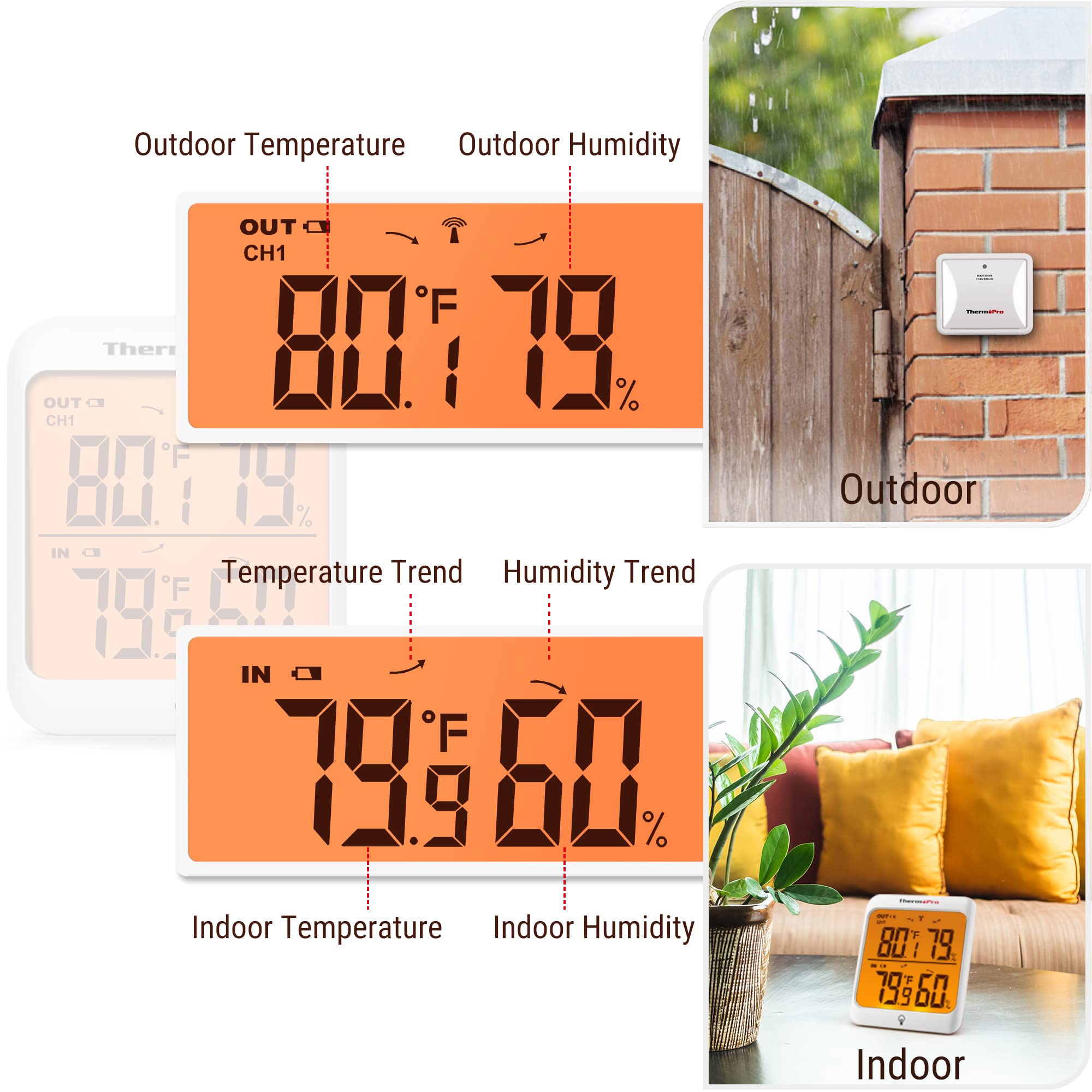 ThermoPro Wireless Indoor Outdoor Thermometer & Hygrometer - 500ft Range Remote Temperature Monitor with Cold-Resistant Sensor for Home, Patio, Greenhouse - Perfect for Weather Monitoring, Gardening, and HVAC Maintenance