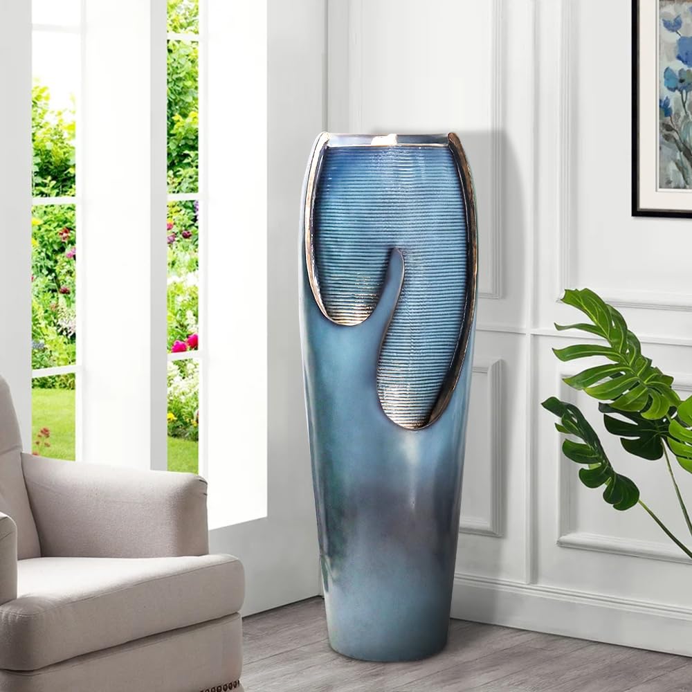 Watnature 38.7” Tall Modern Outdoor/Indoor Water Fountain with LED Lights & Pump - Decorative Floor Standing Water Urn Fountain for Garden, Patio, Home Decor | Perfect for Relaxation, Meditation & Enhancing Outdoor Living Spaces