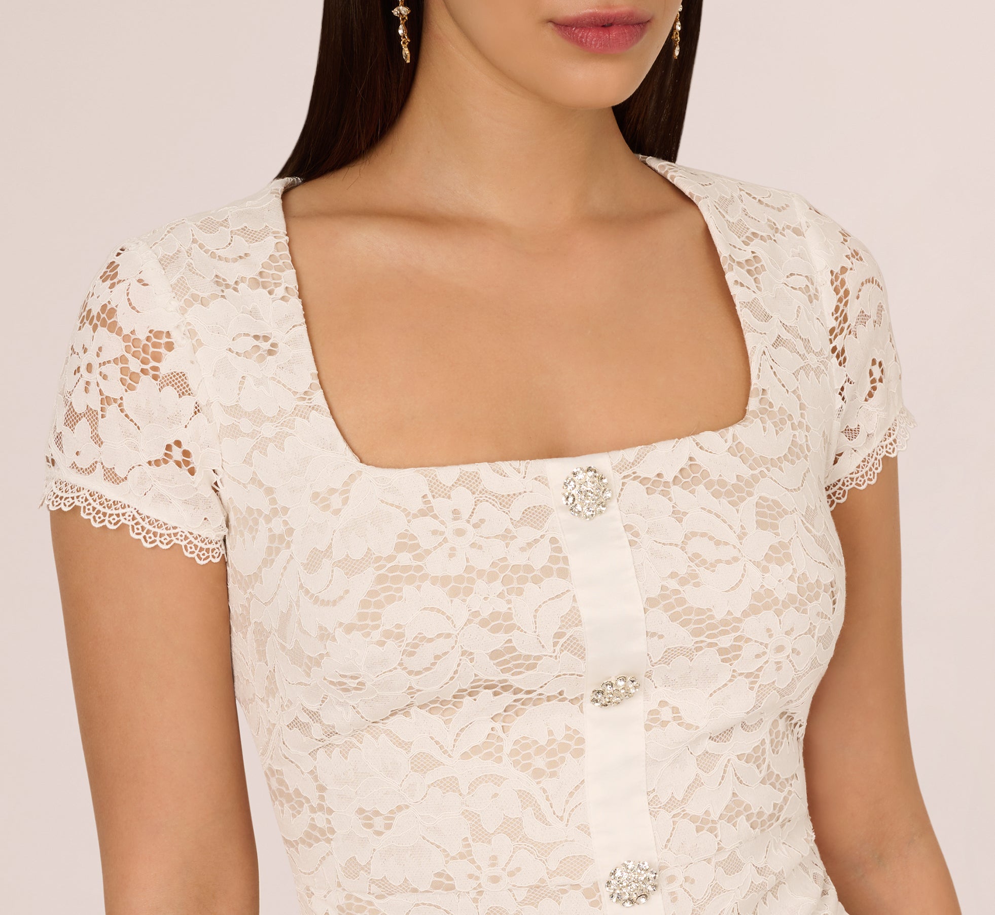 Ivory Cap Sleeve Rhinestone Button Lace Short Dress for Women - Perfect for Cocktail Parties, Weddings & Summer Events