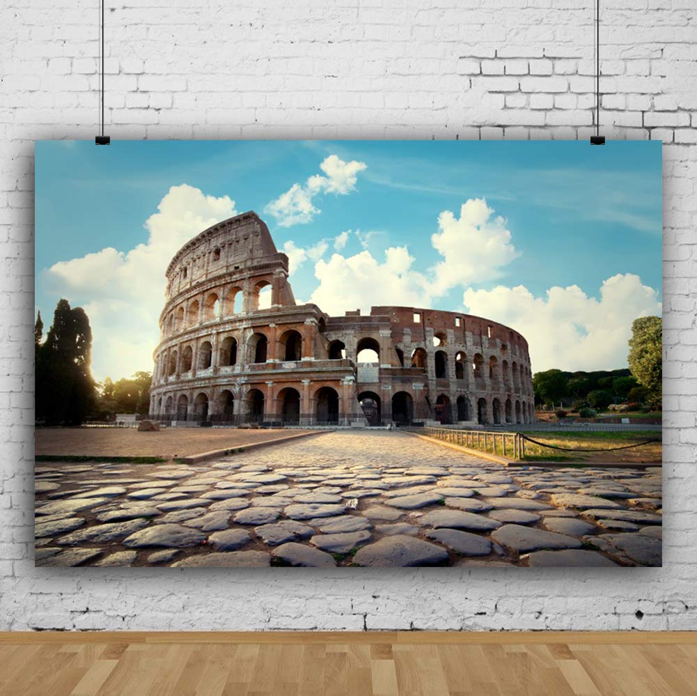 10x7ft Rome Colosseum Photography Backdrop - Roman Coliseum Stone Wall with Blue Sky & White Clouds - Vinyl Photo Booth Background for Studio, Events & Travel Theme Shoots | Famous Tourist Attraction Scenic Spot Prop