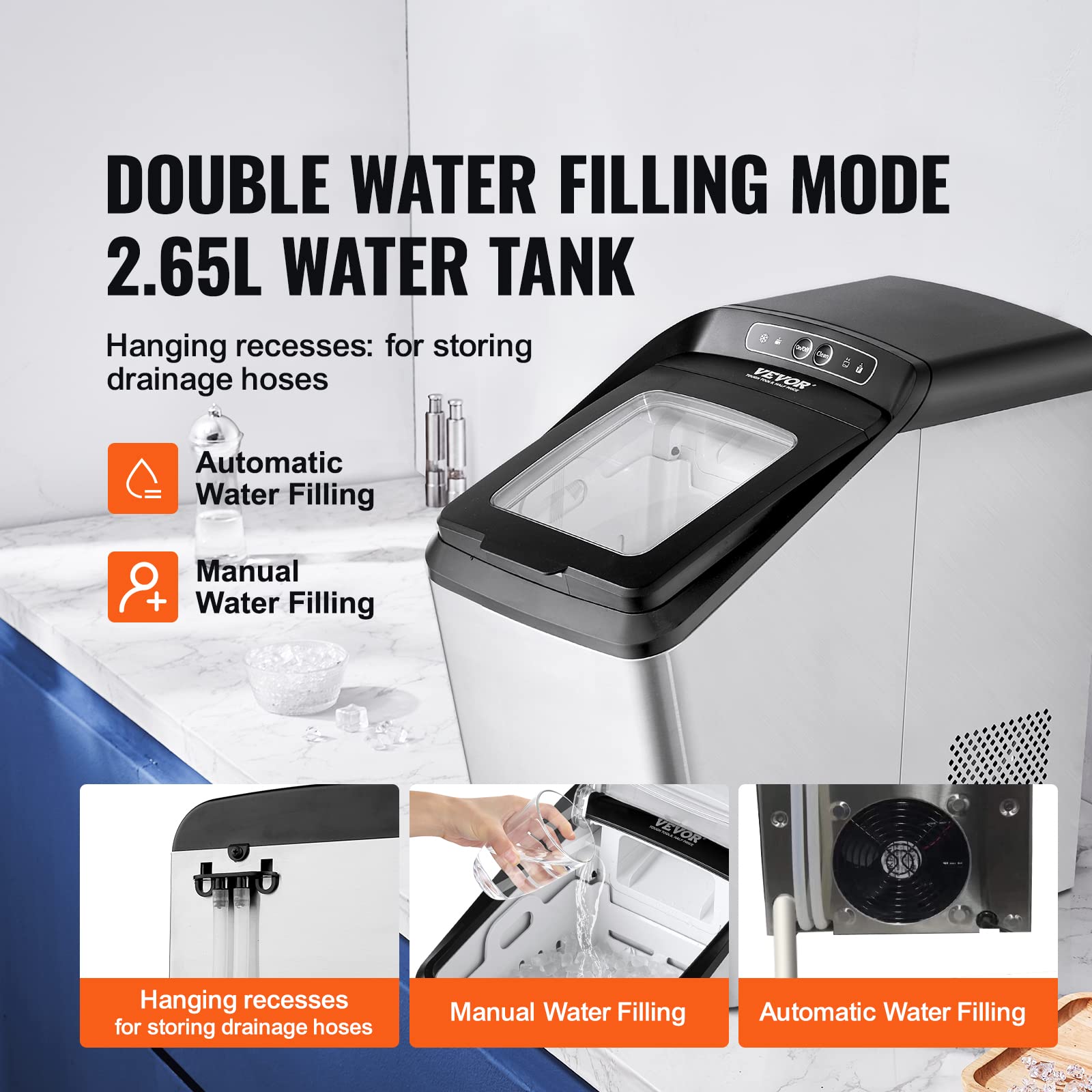 VEVOR 30lbs/24H Nugget Ice Maker with Self-Cleaning - Stainless Steel Chewable Pebble Ice Machine with Ice Scoop & Basket, Dual Water Refill - Perfect for Home, Office, Bars, Restaurants, and Parties