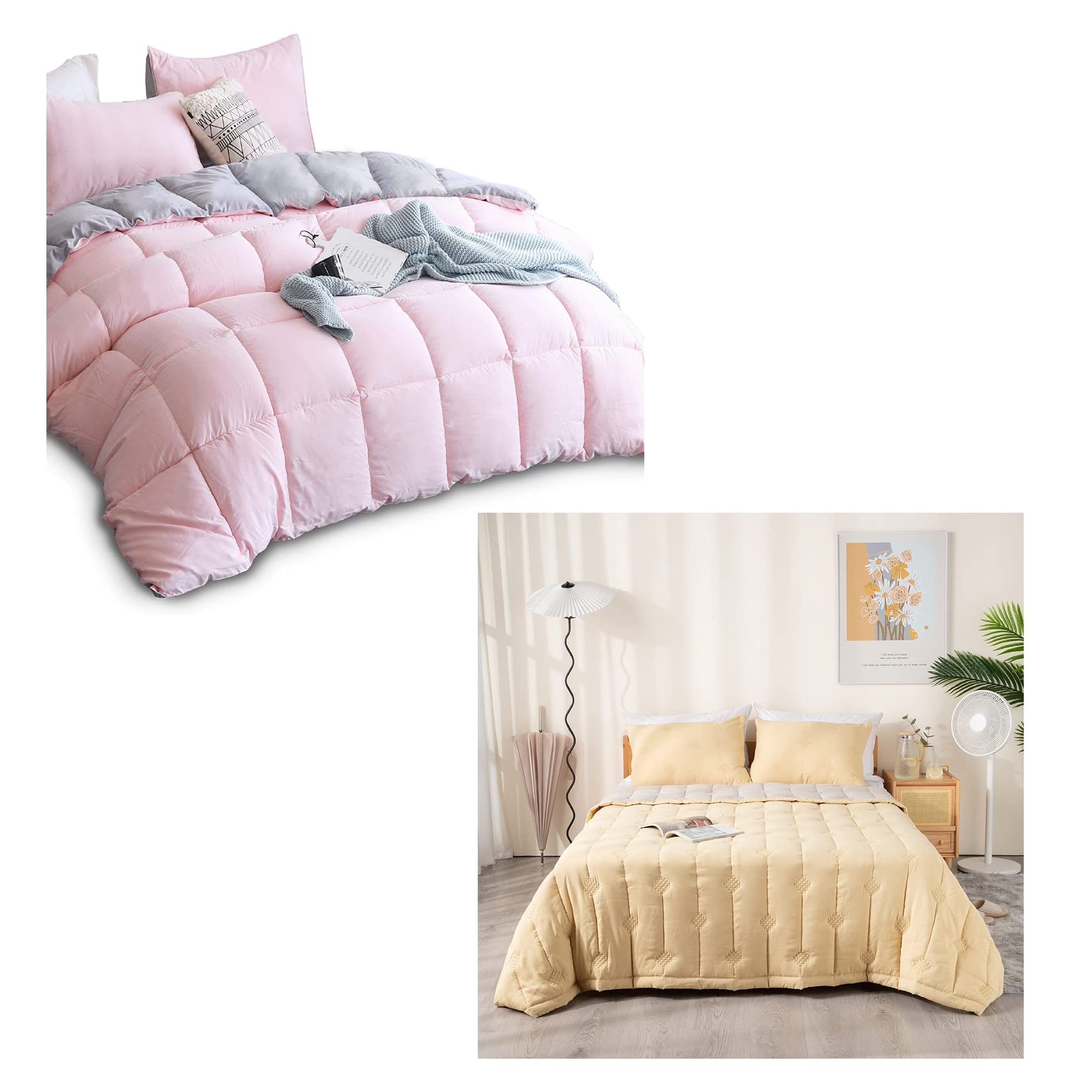 KASENTEX Pink and Yellow Comforter Set - Soft Queen Size Bedding with Matching Quilt - Perfect for Girls' Room, Guest Bedroom & Cozy Home Decor