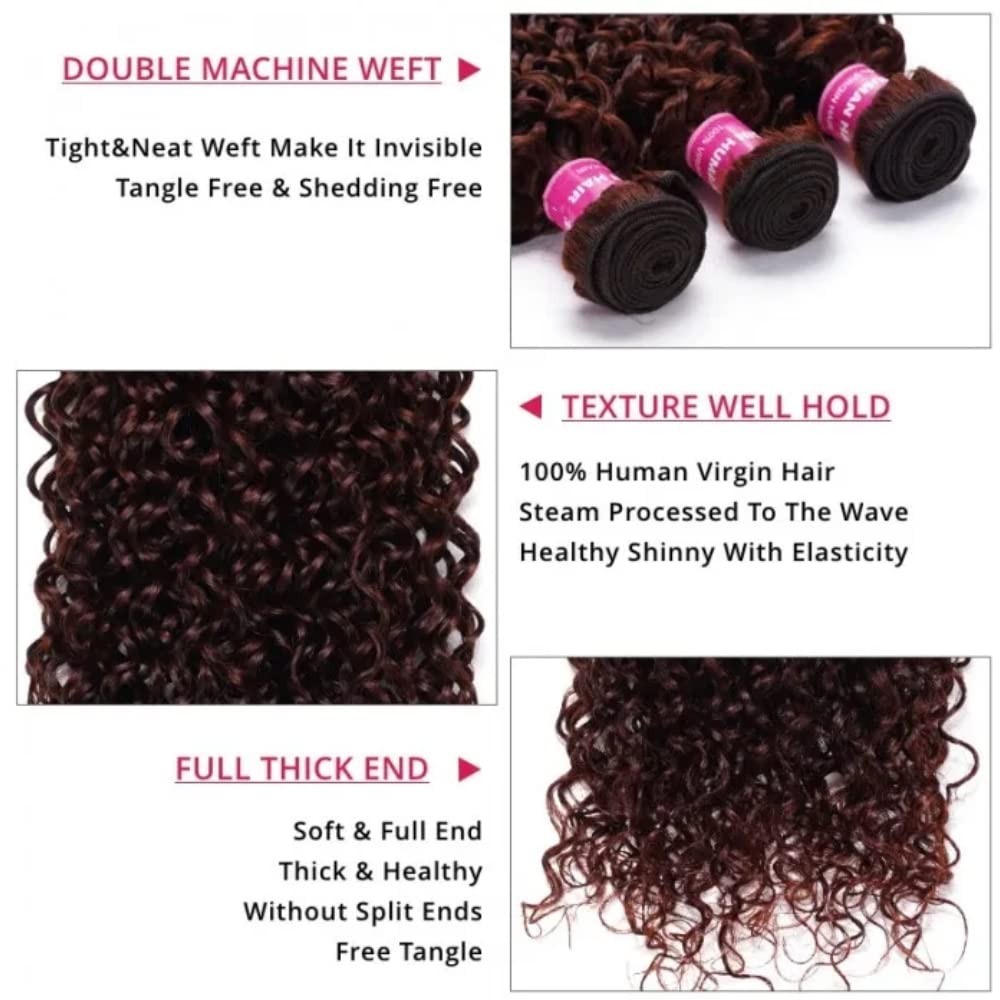 KLAIYI 10A Reddish Brown Curly 3 Bundles Brazilian Virgin Human Hair Weave 10 12 14 Inch - 100% Unprocessed Remy Hair Extensions for Sew in, Auburn Brown Copper Red 33B Color - Perfect for Daily Styling, Parties & Special Occasions