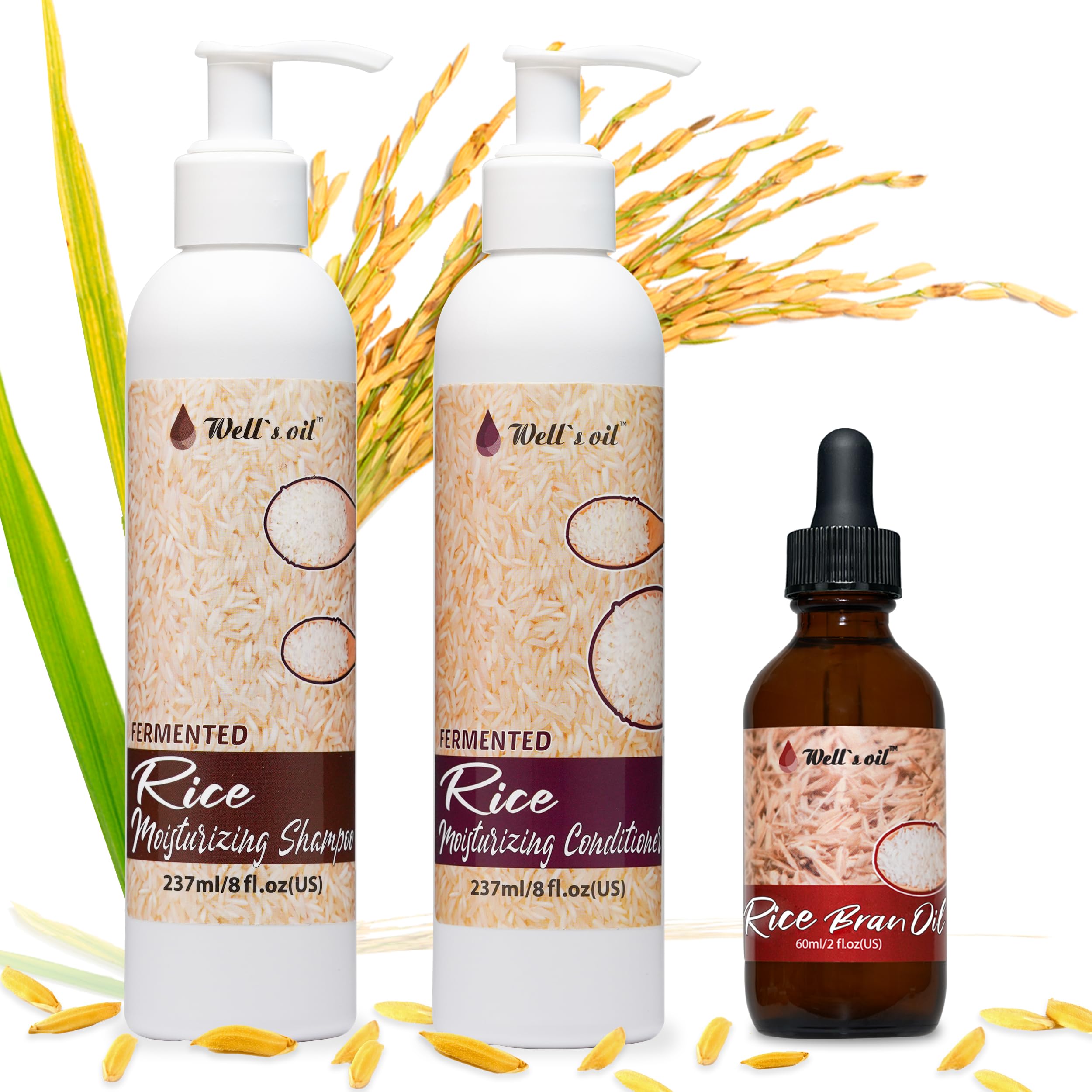 Well's Rice Set - Fermented Rice Shampoo, Conditioner & Leave-In Rice Bran Oil (3-Piece Kit) for Hair Growth & Repair - Natural Hair Care for Dry, Damaged Hair - Home & Salon Use