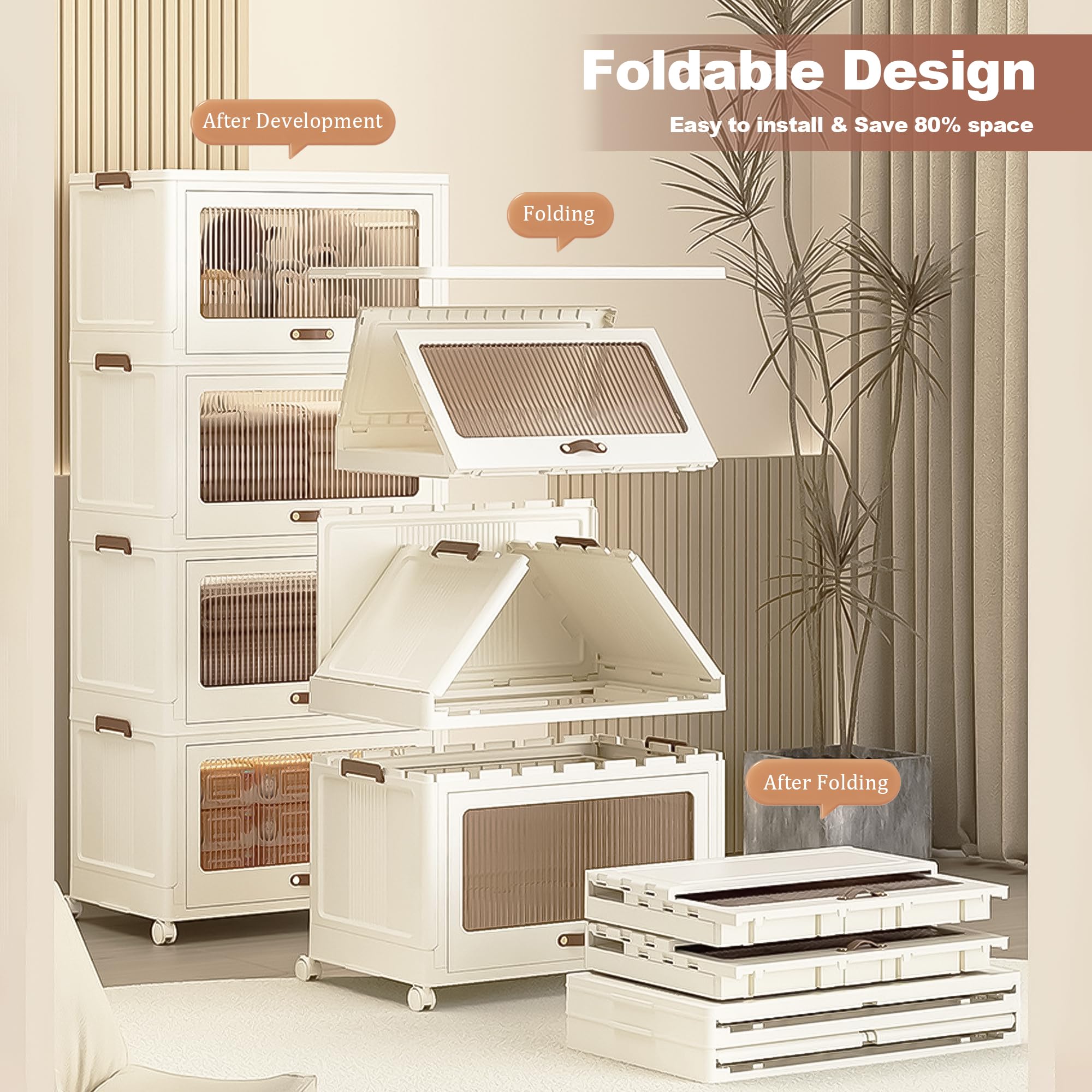 4 Tier Plastic Storage Bins with Lids 78QT - Stackable, Collapsible Storage Containers with Wheels for Closet, Living Room, Office & Dorm Organization | Space-Saving Foldable Storage Boxes for Home & Office Use