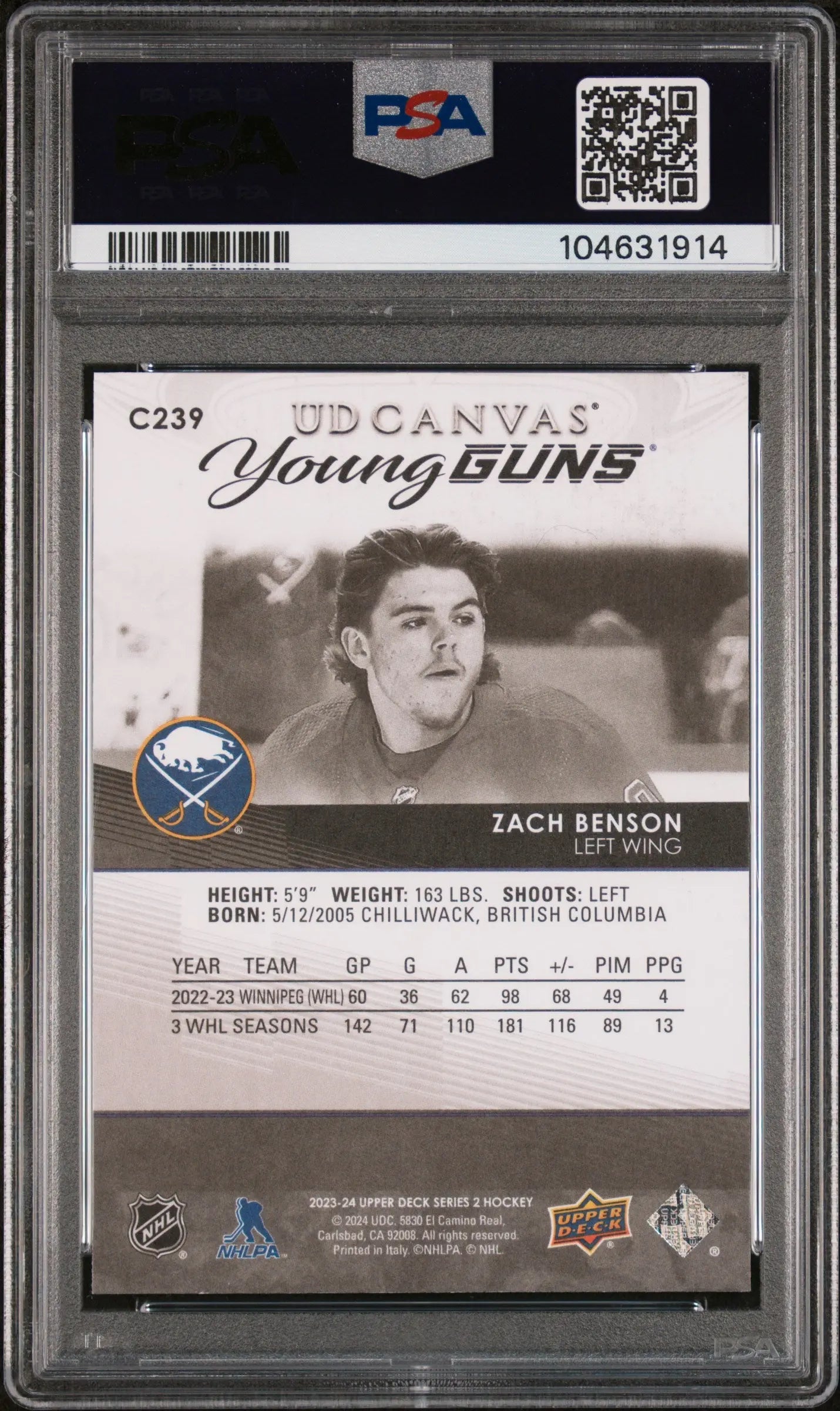 2023-24 Upper Deck Series 2 UD Canvas Young Guns RC Black & White Zach Benson PSA 10 Graded Hockey Card - Perfect for Collectors, Investors & Hockey Fans Display