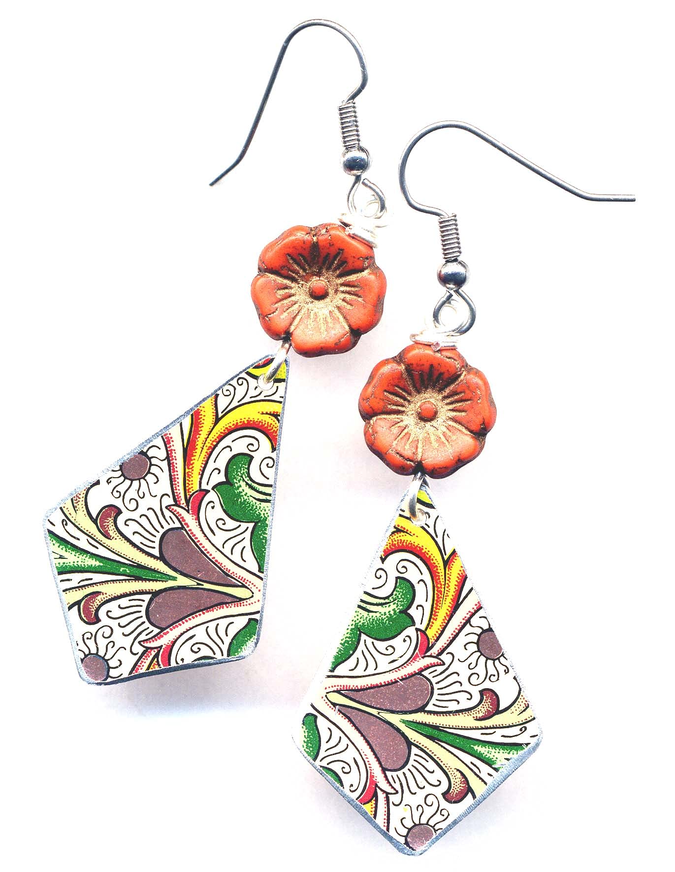 Frida Kahlo Inspired Floral Statement Earrings - Natural Green Jade & Colorful Recycled Tin - Lightweight Geometric Jewelry for Women | Perfect for Boho, Festival & Everyday Wear
