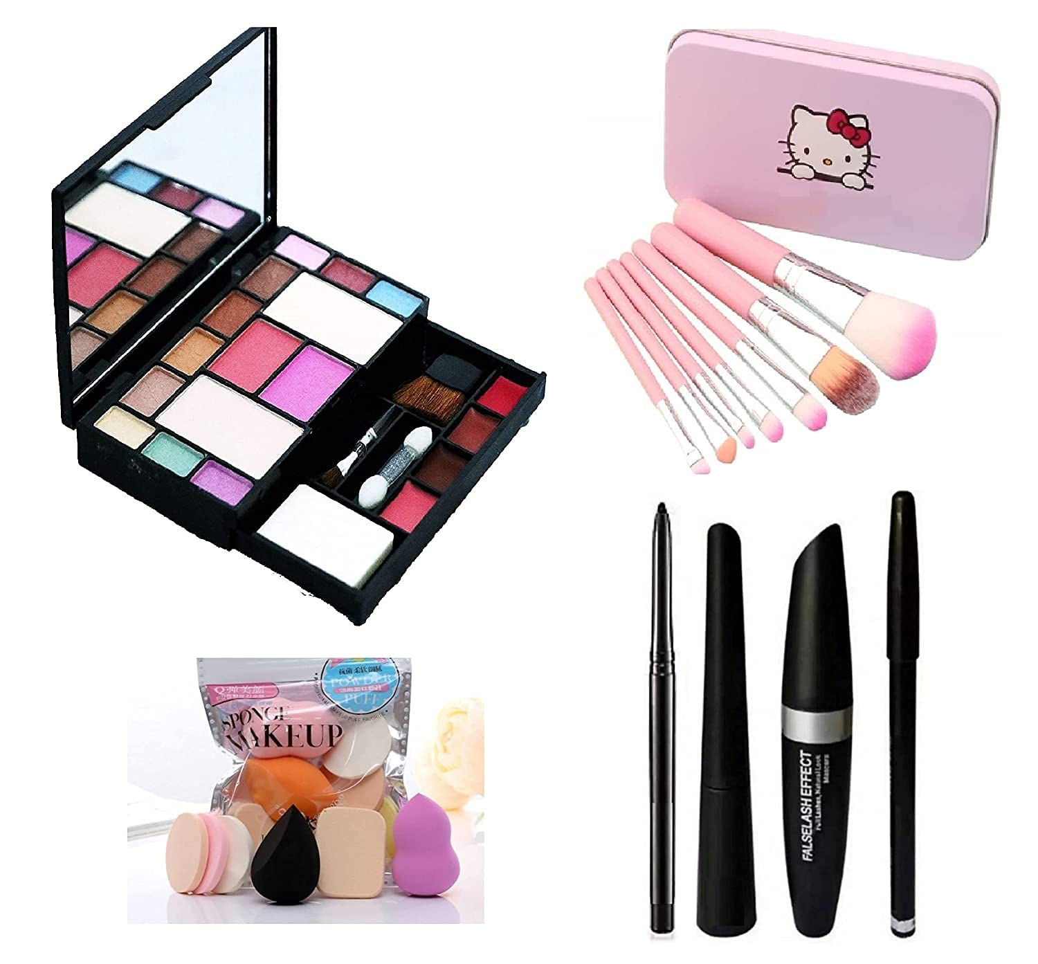 FOZZBY TYA Complete Makeup Kit for Girls - 7 Piece Premium Makeup Brushes, 6 Piece Sponges, 4-in-1 Eye Liner Kajal Mascara Brow Pencil (6171 Combo) | Perfect for Birthday Gifts, Teen Makeup Practice & Cosplay Looks