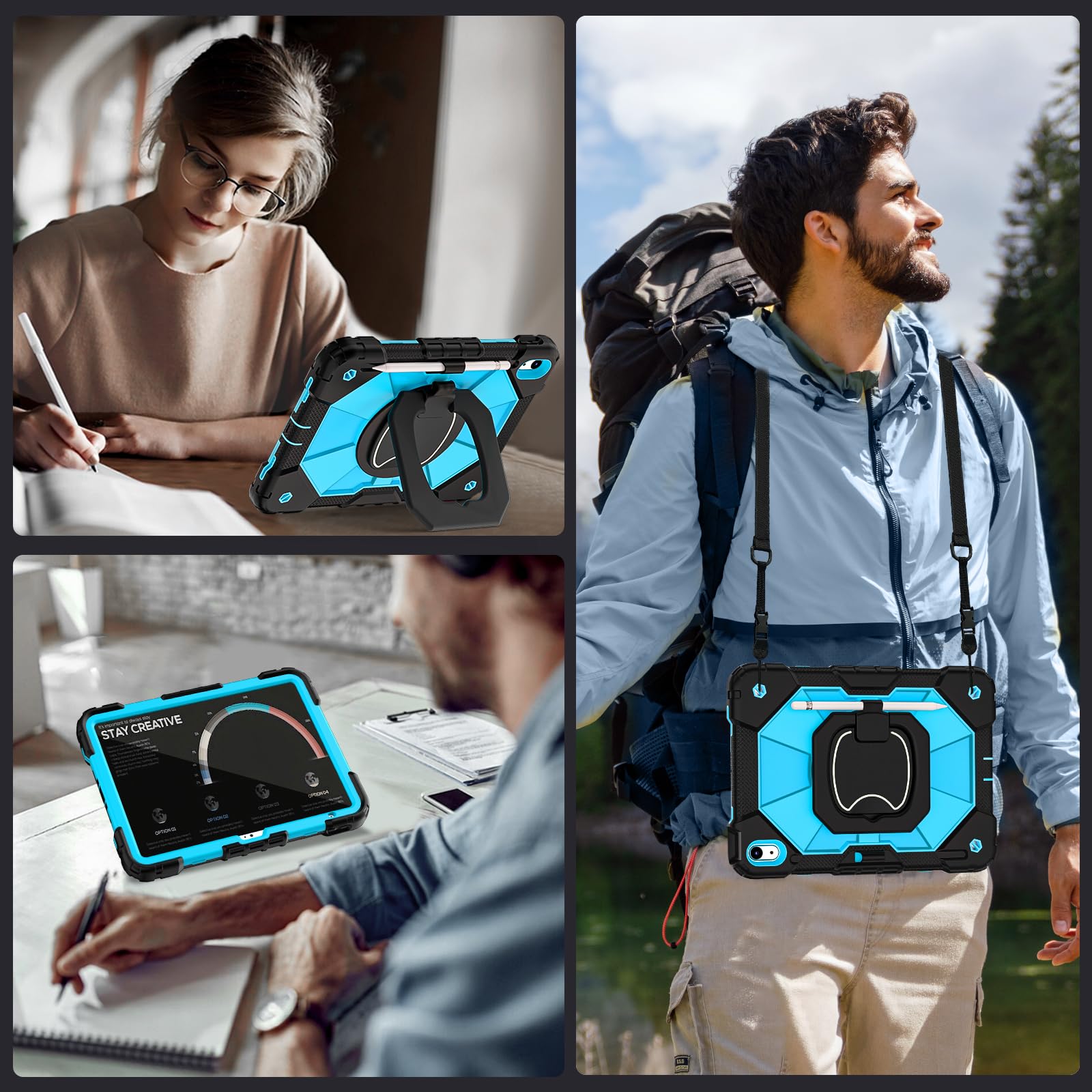 **Military Grade Shockproof iPad Case for 11th/10th Gen iPad (10.9/11 Inch, 2025/2022) - Rotating Stand, Shoulder Strap, Pencil Holder & Screen Protector - Black & Blue - Perfect for Travel, Work & School**