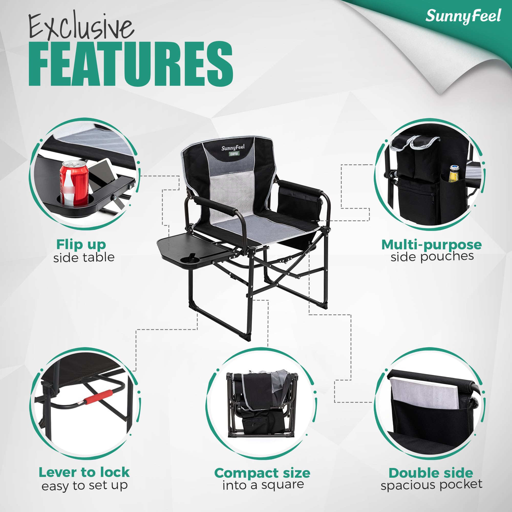 **SUNNYFEEL Oversized Heavy Duty Camping Director Chair - Portable Folding Lawn Chair for Adults with Side Table & Storage Pocket - Perfect for Beach, Fishing, Picnic, Concert, Tailgating & Outdoor Adventures**